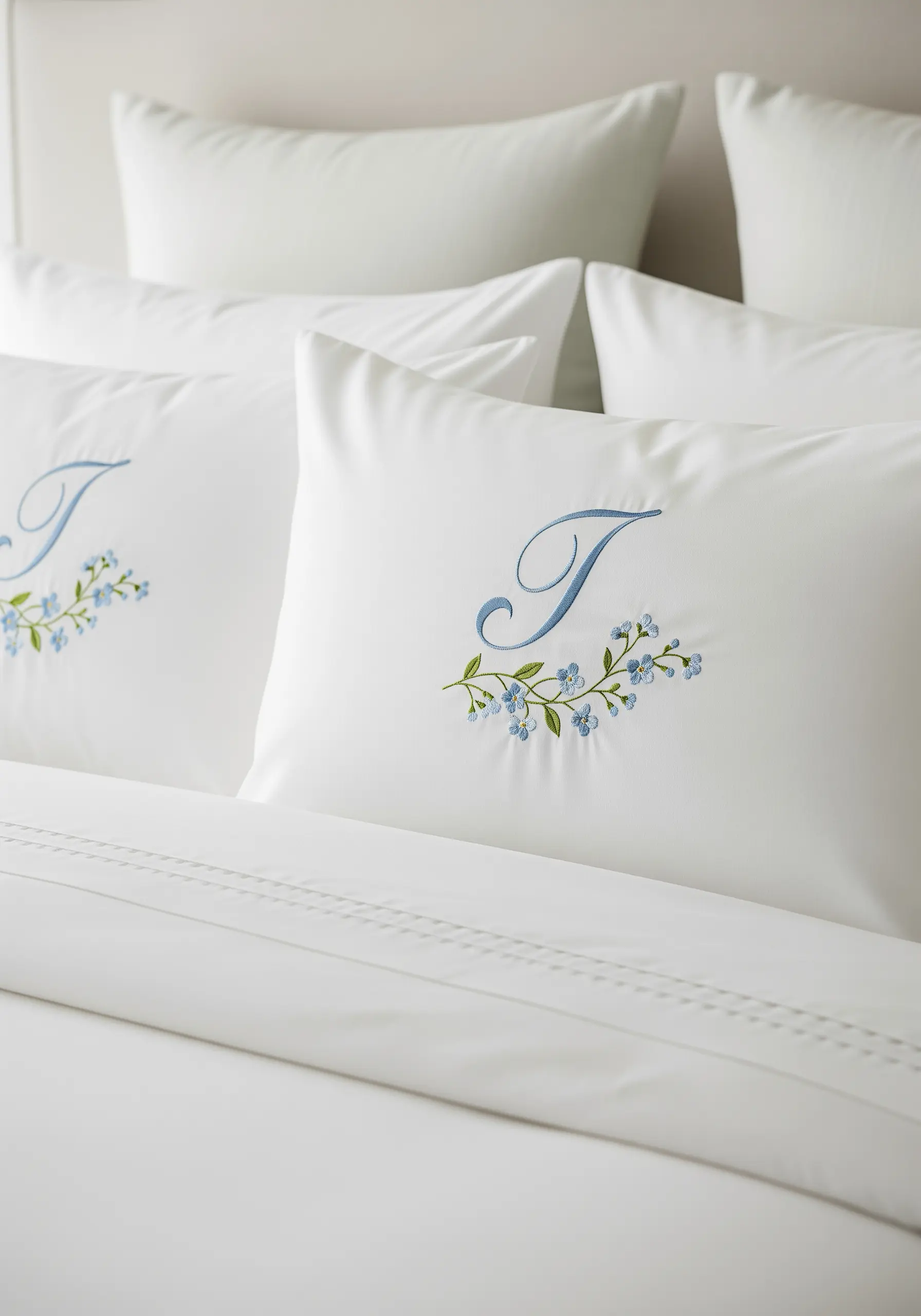 A blue initial 'T' embroidered on a white pillowcase, accented with a spray of blue forget-me-nots.