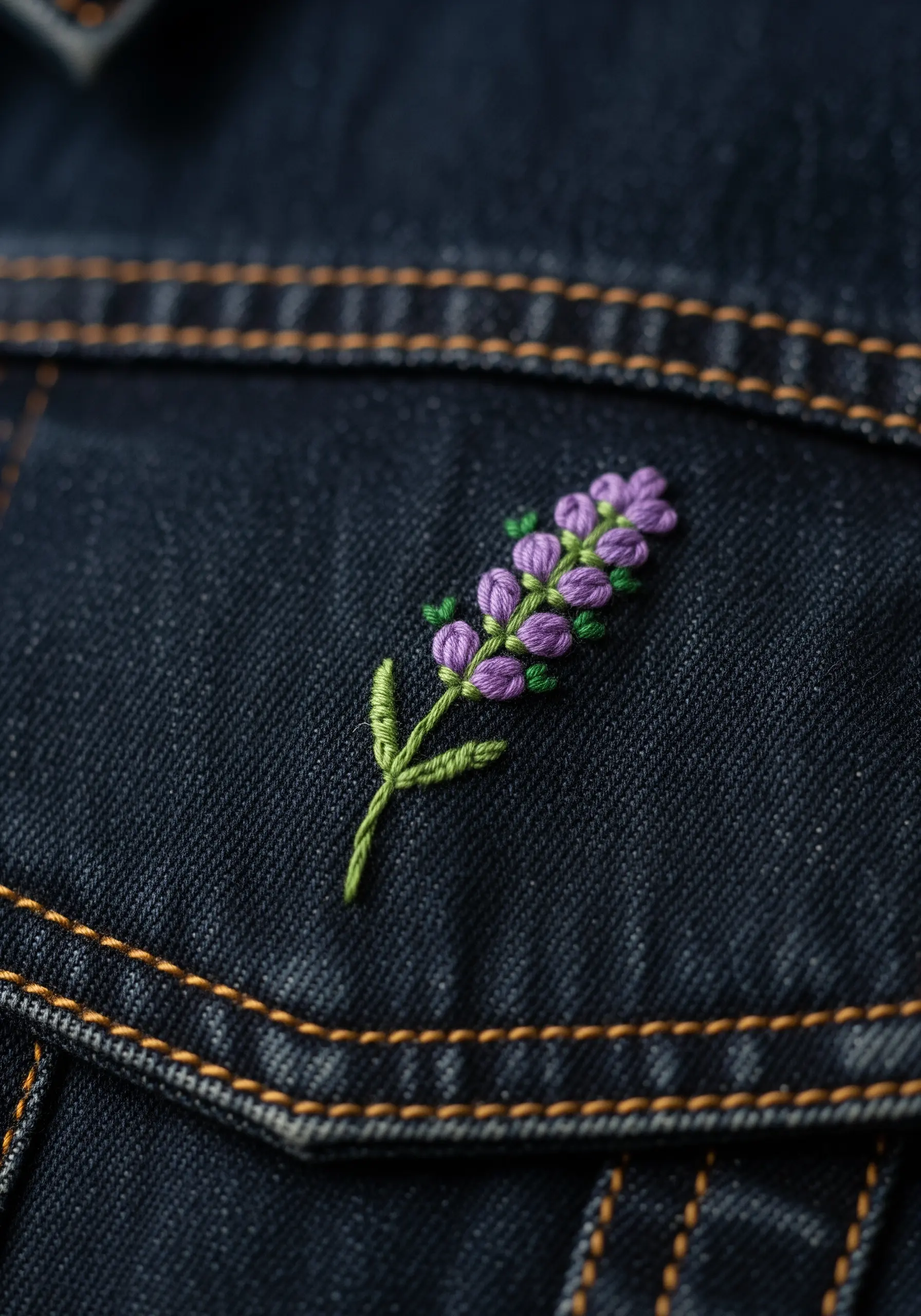 A single sprig of embroidered lavender with purple flowers and a green stem on a dark denim pocket