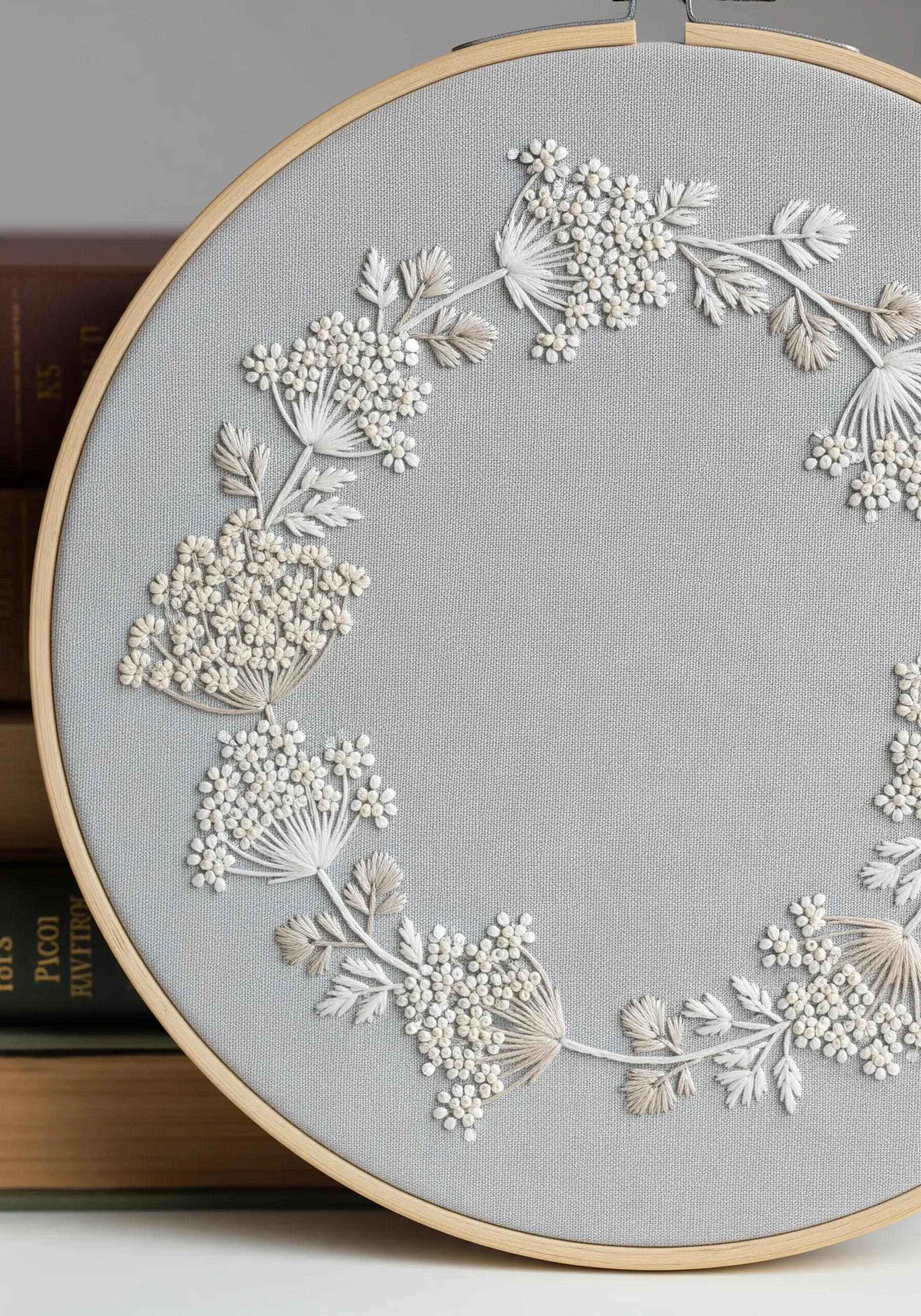 A monochrome wreath of Queen Anne's lace using white French knots on grey fabric.