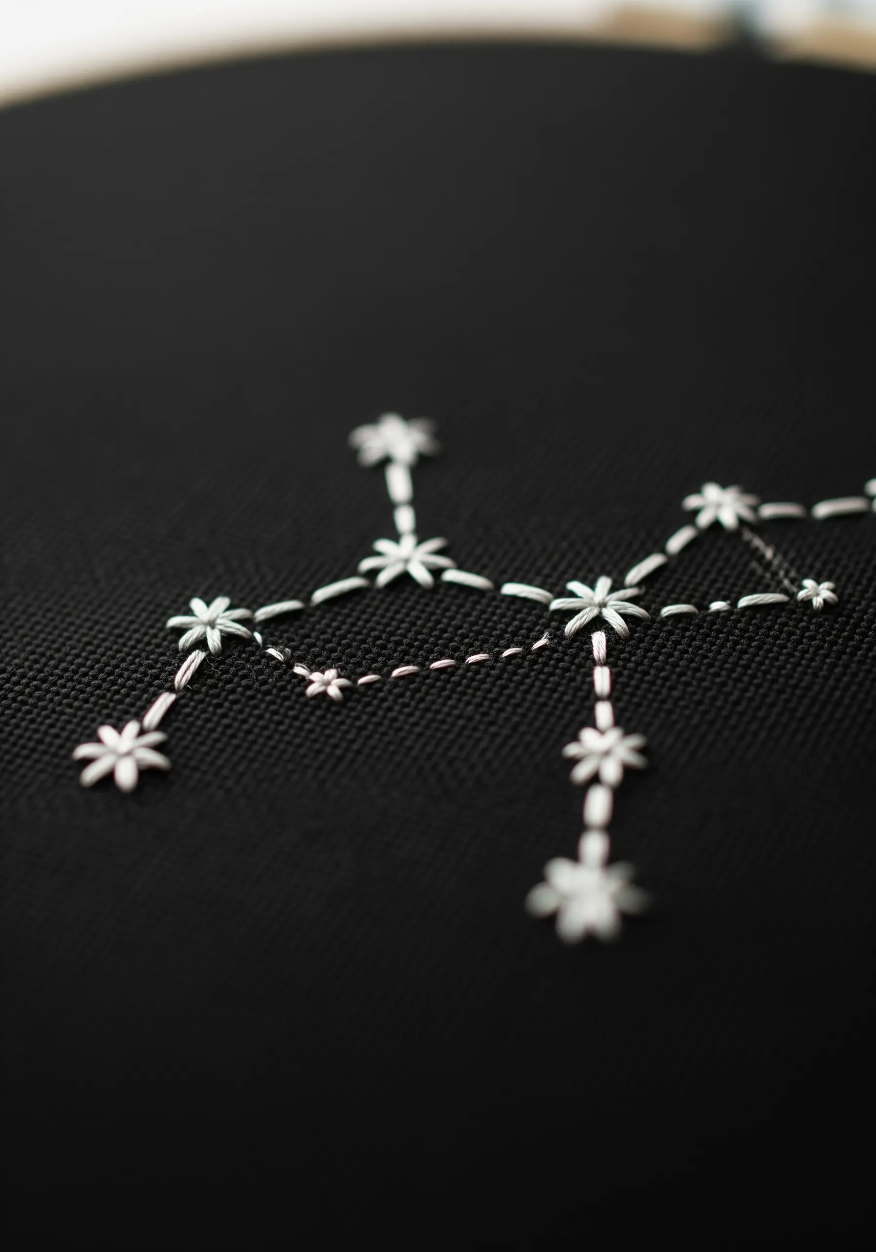 White thread constellation on black fabric using lazy daisy and backstitch.