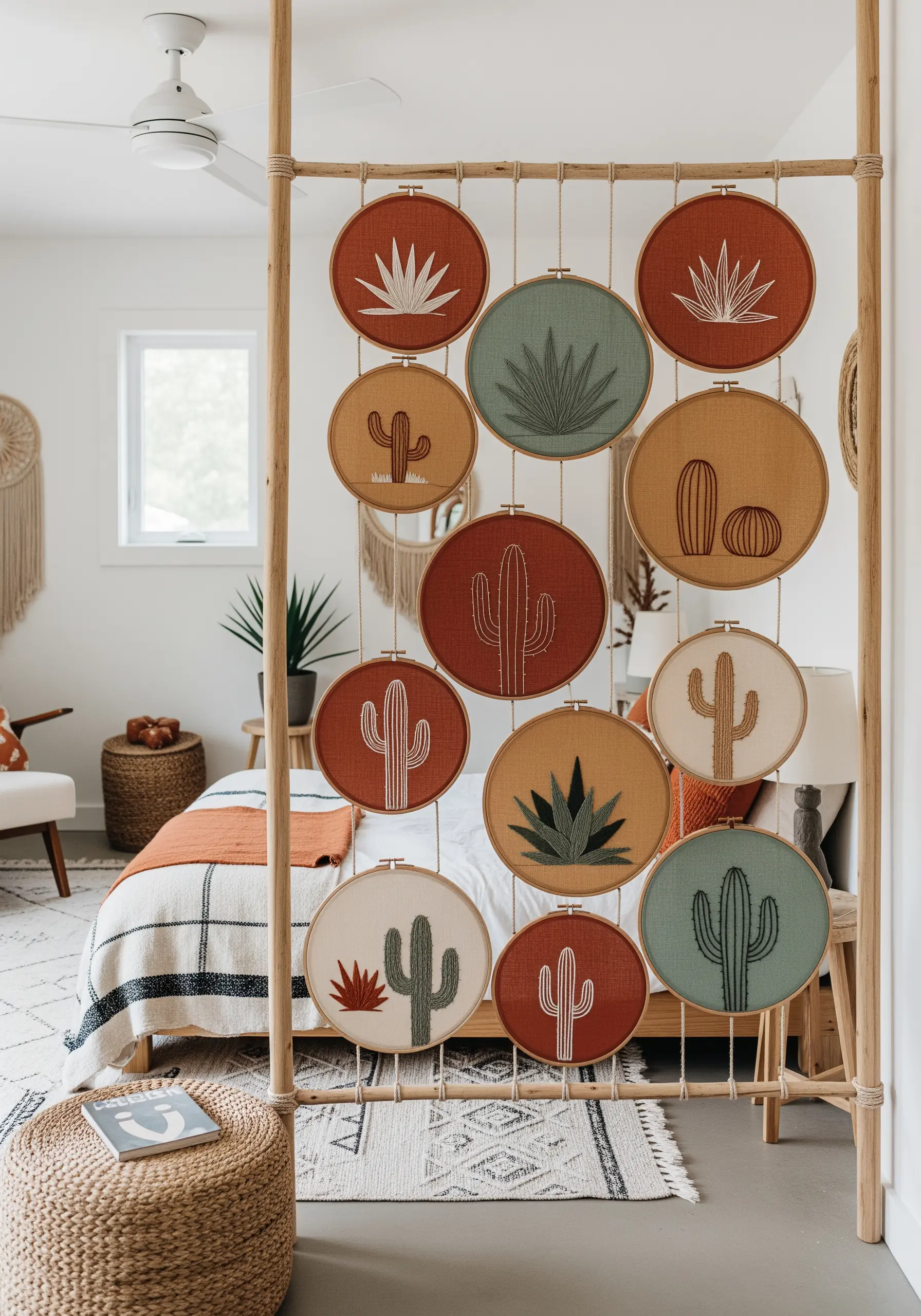 A collection of hoops with minimalist line art cacti on earthy-toned fabrics.