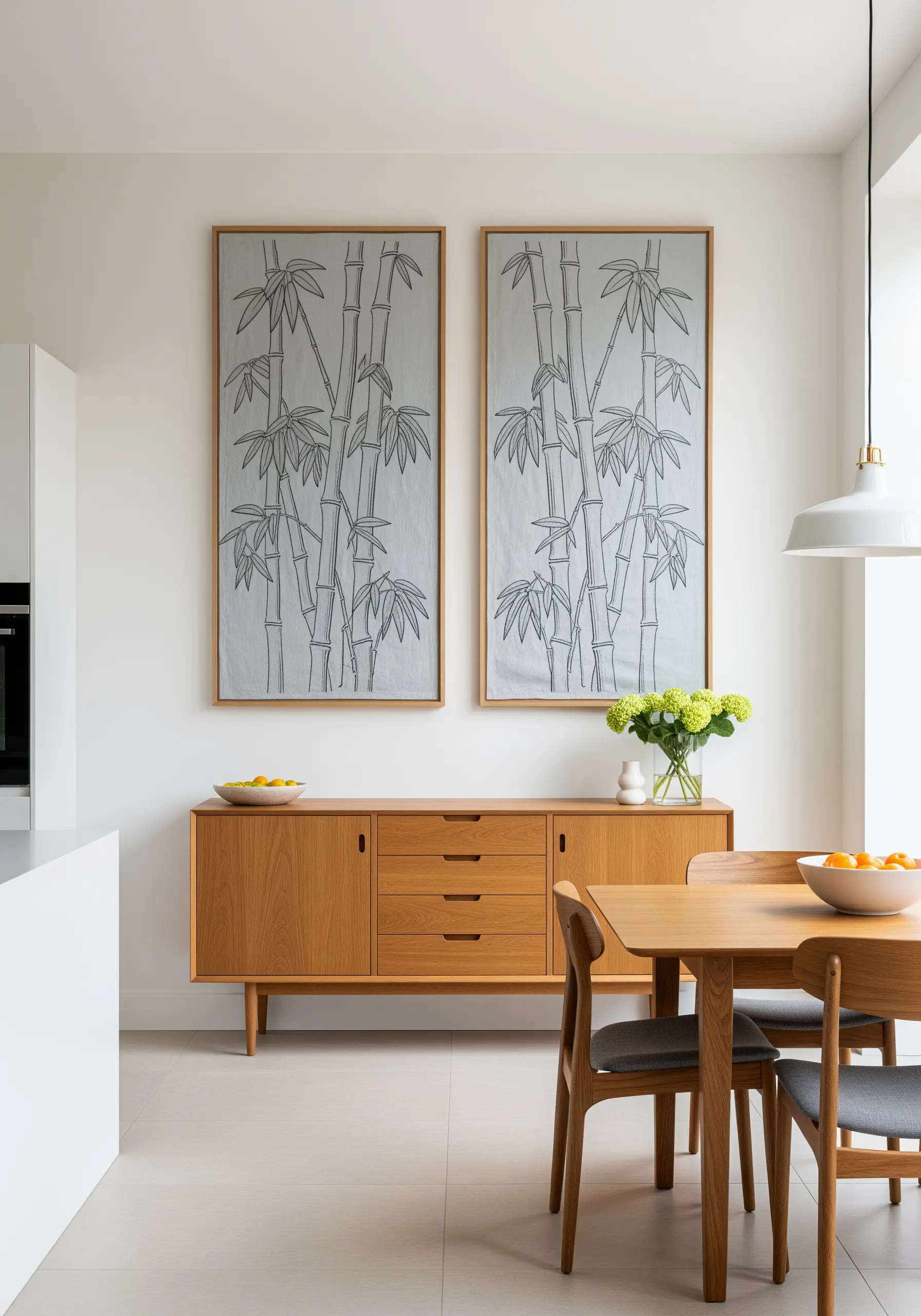 Two tall, framed panels of embroidered bamboo creating a balanced diptych.