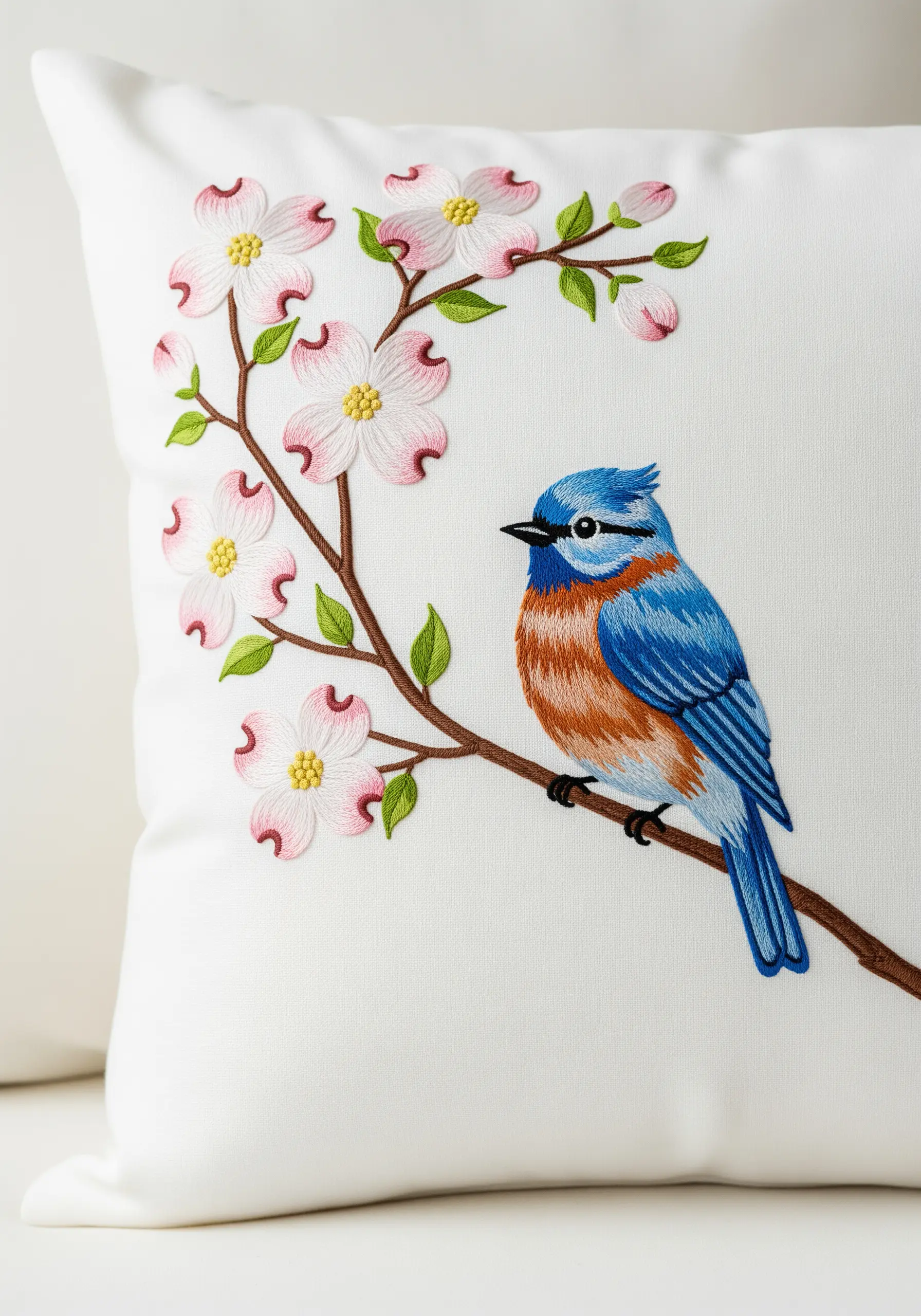 Embroidered bluebird perched on a dogwood branch with pink and white flowers.