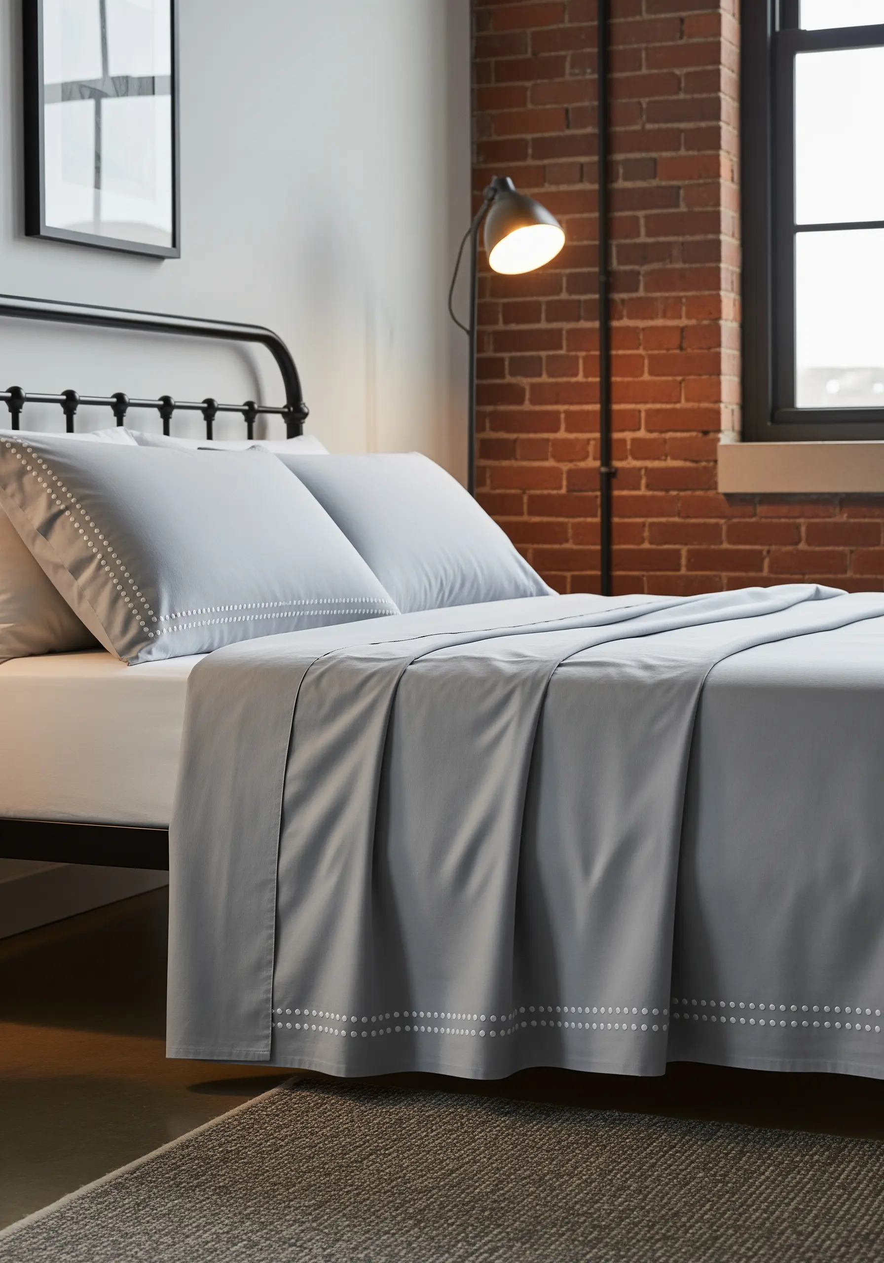 A simple border of evenly spaced white French knots on blue-grey bedsheets.