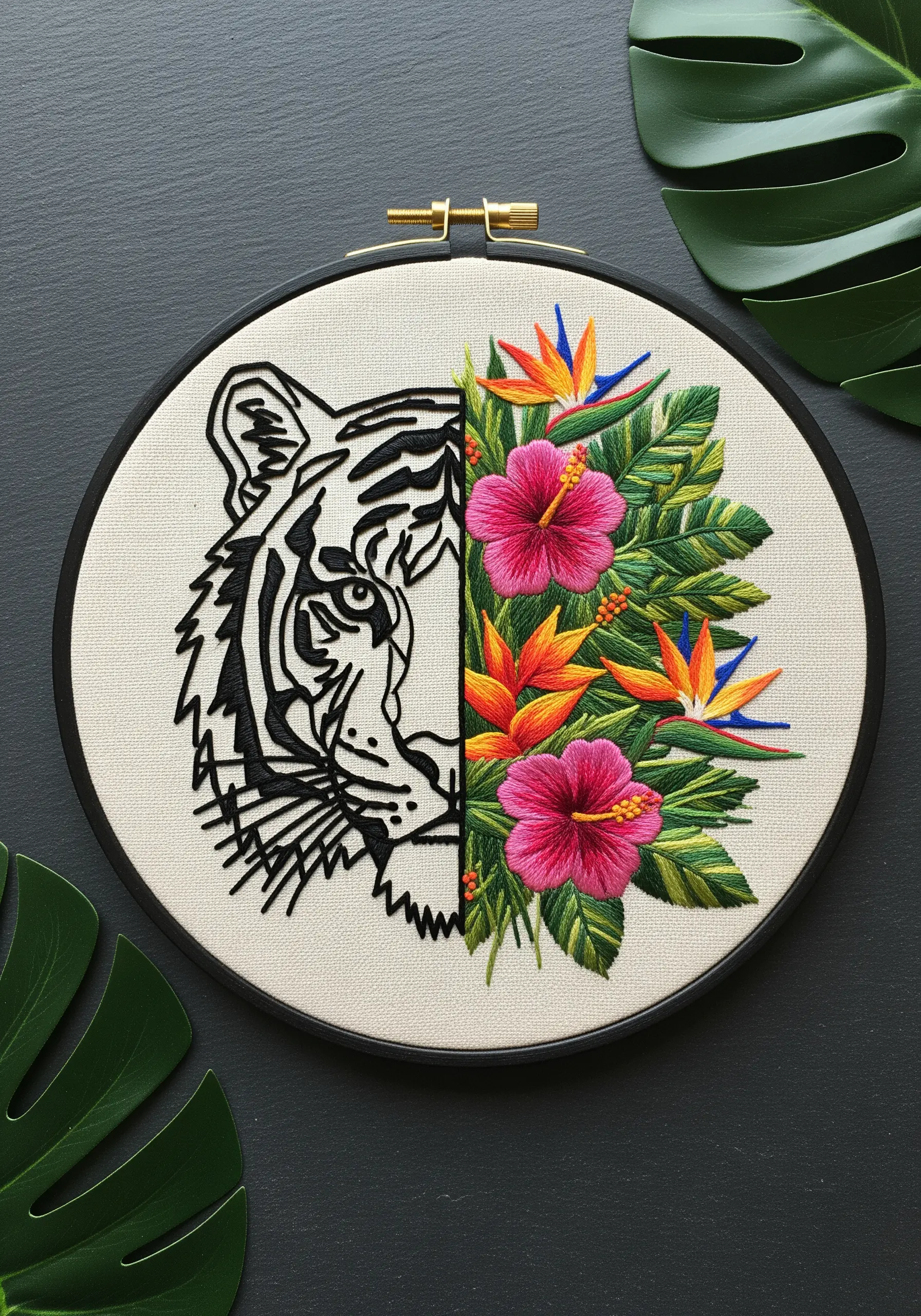 Hoop art with a split design: half blackwork tiger, half colorful floral embroidery.