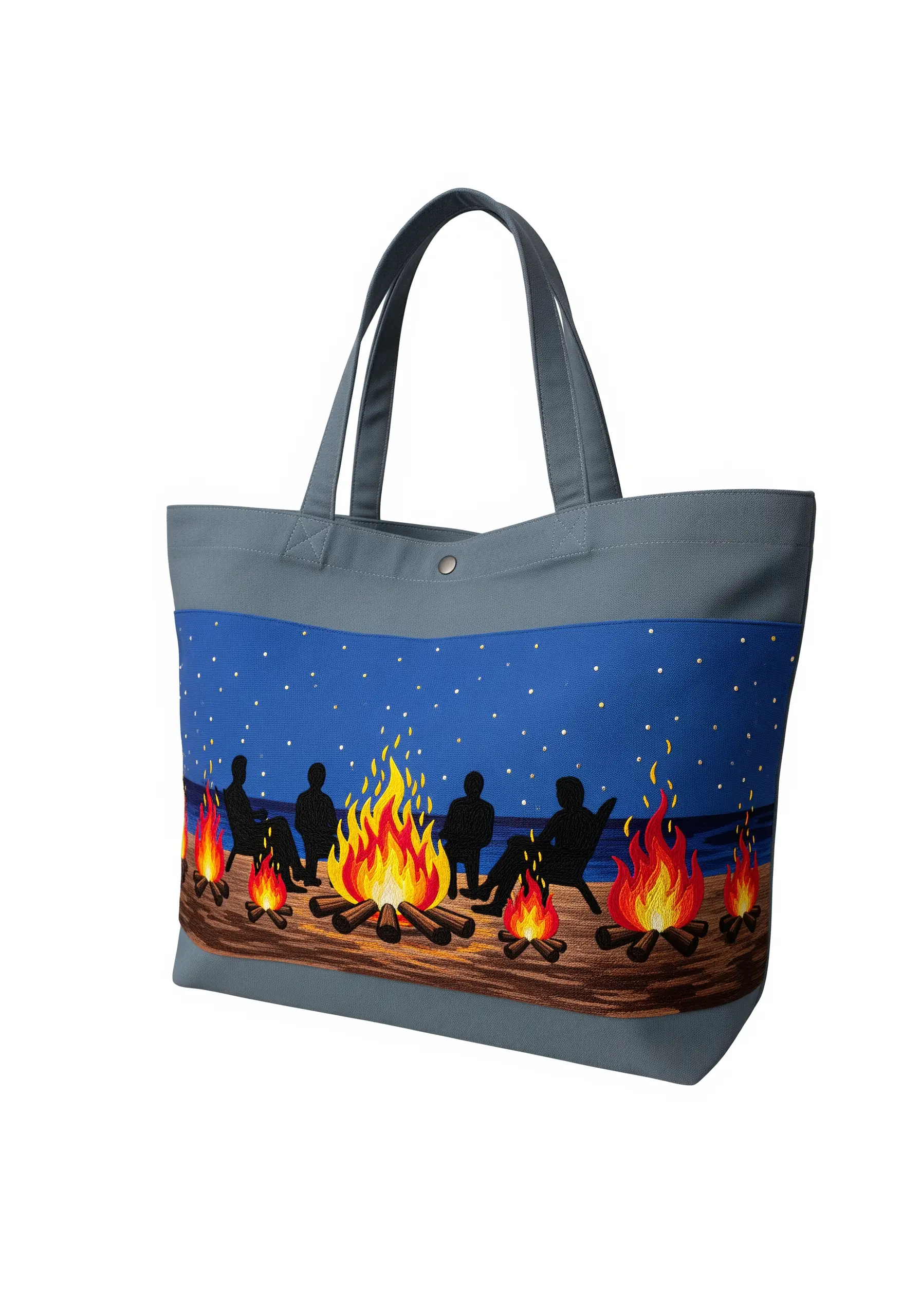 Embroidered bonfire scene with layered stitches for flames and simple silhouettes.
