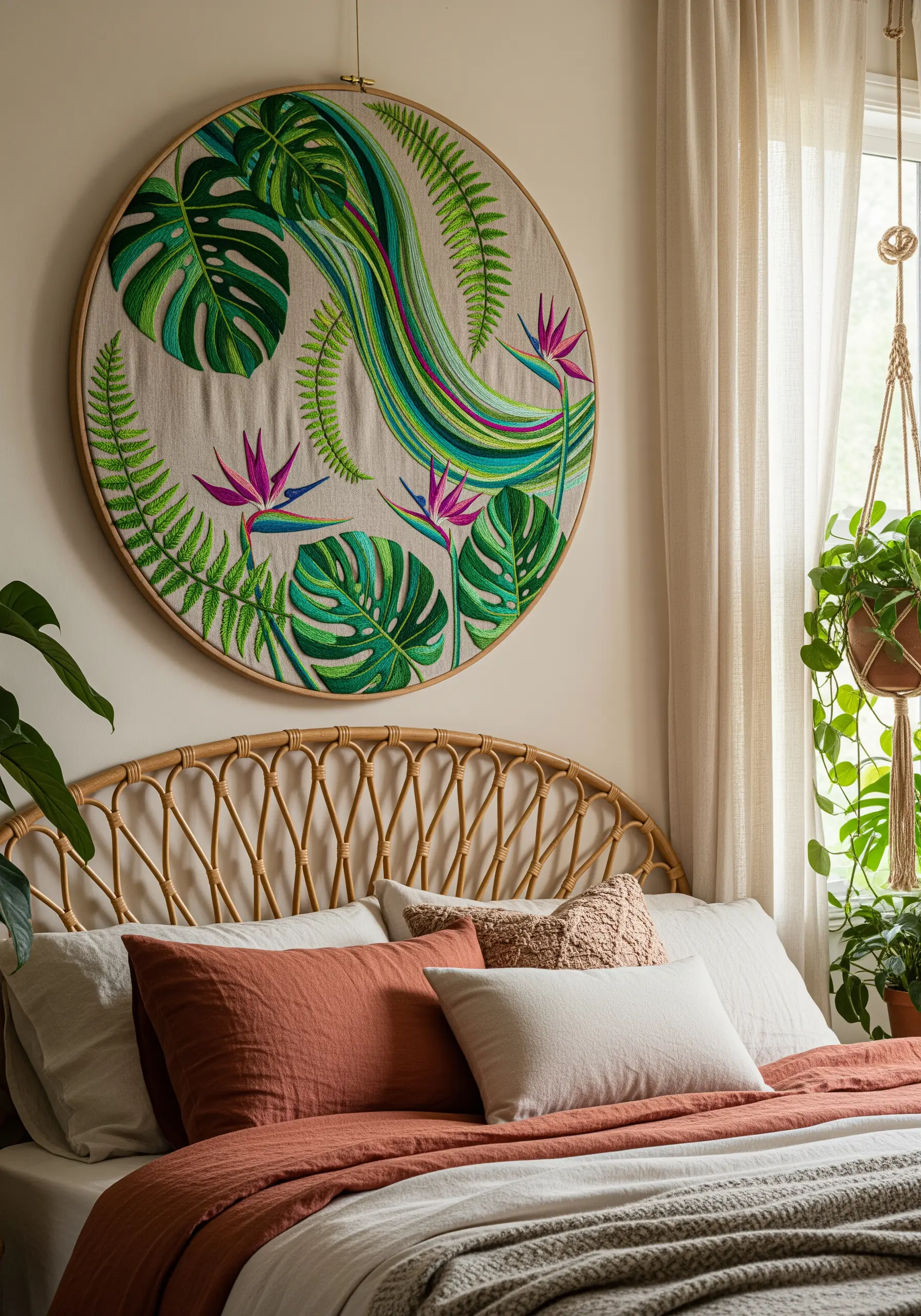 Large embroidery hoop with satin-stitched tropical leaves and a vibrant abstract swirl.