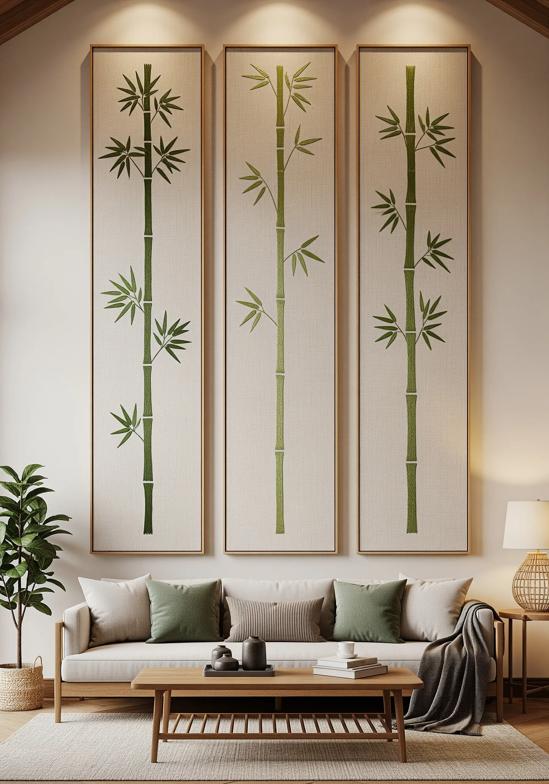 A triptych of framed embroidery panels showing continuous bamboo stalks.