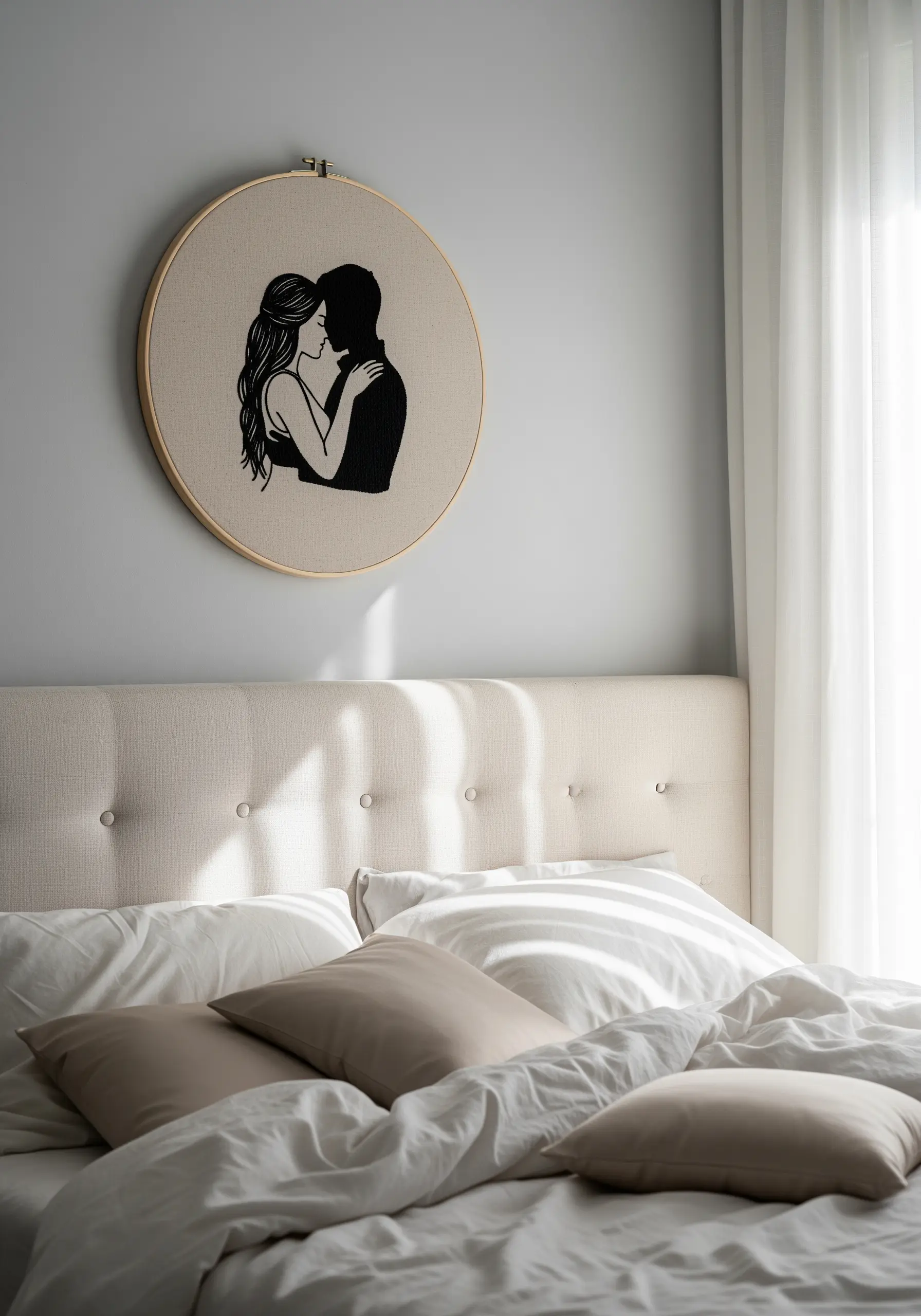 Embroidered silhouette of a couple embracing in a large wooden hoop above a bed.