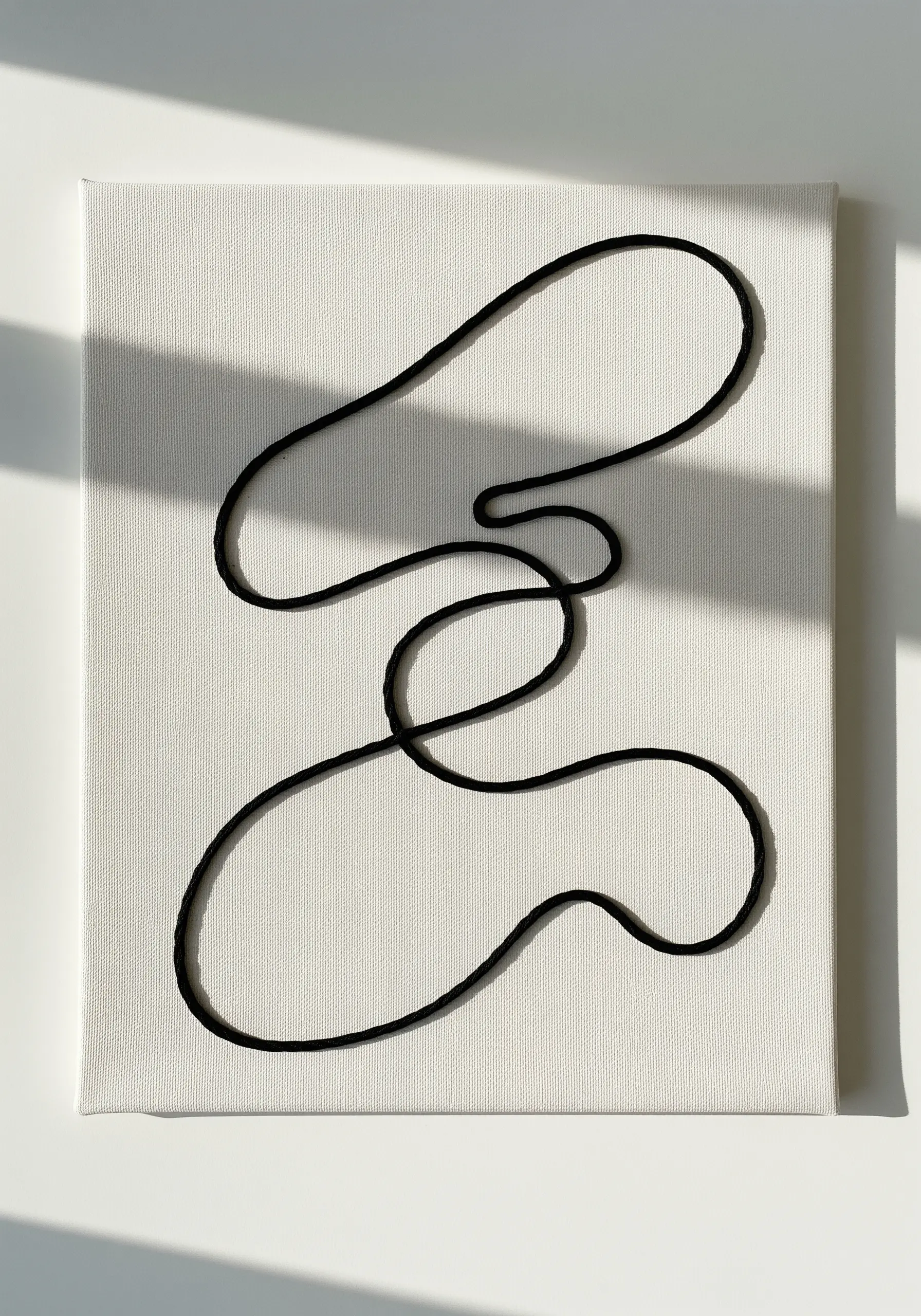 Minimalist abstract art with a single black cord stitched onto white canvas.