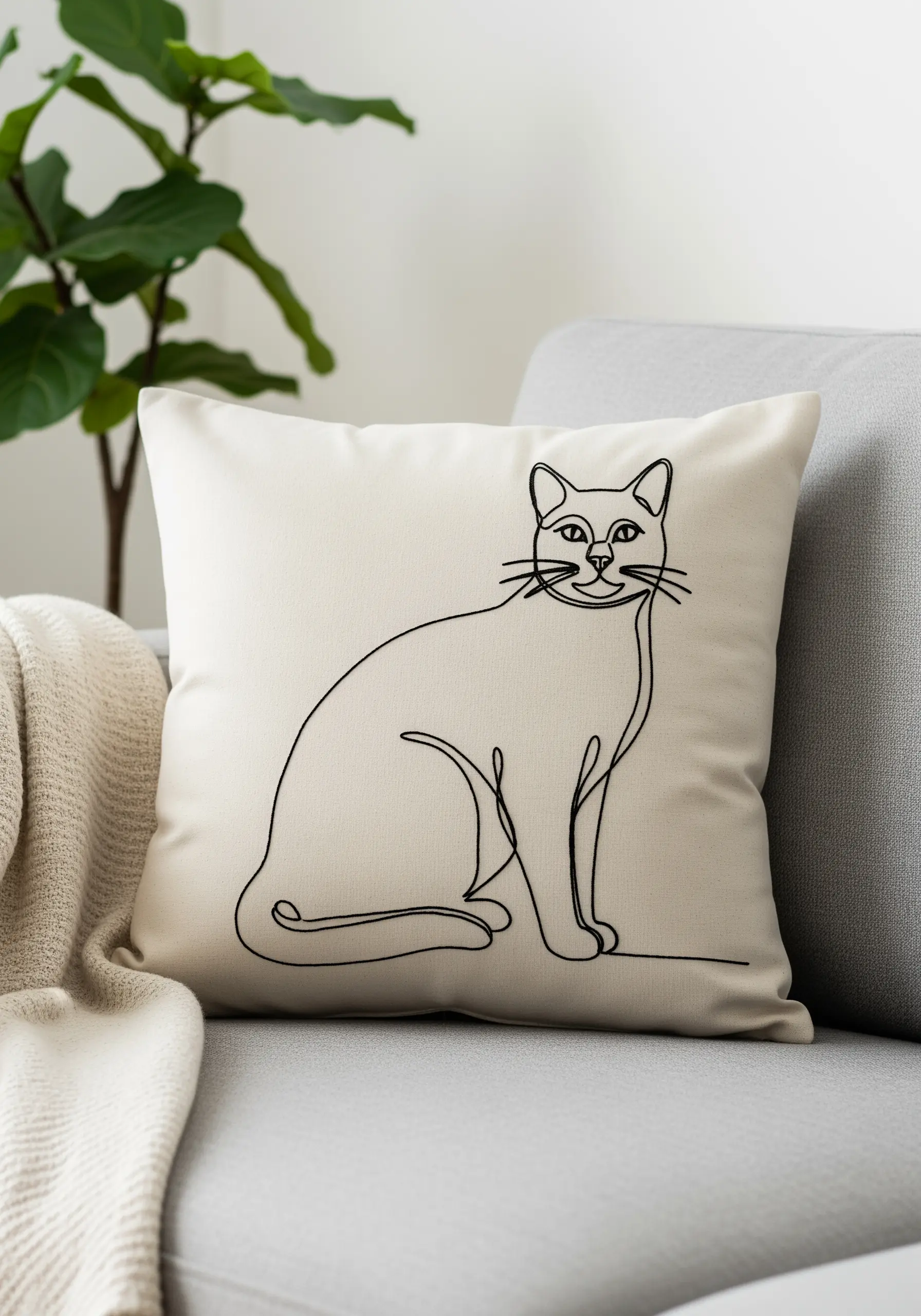 A minimalist, single-line art cat embroidered in black thread on a cream cushion.