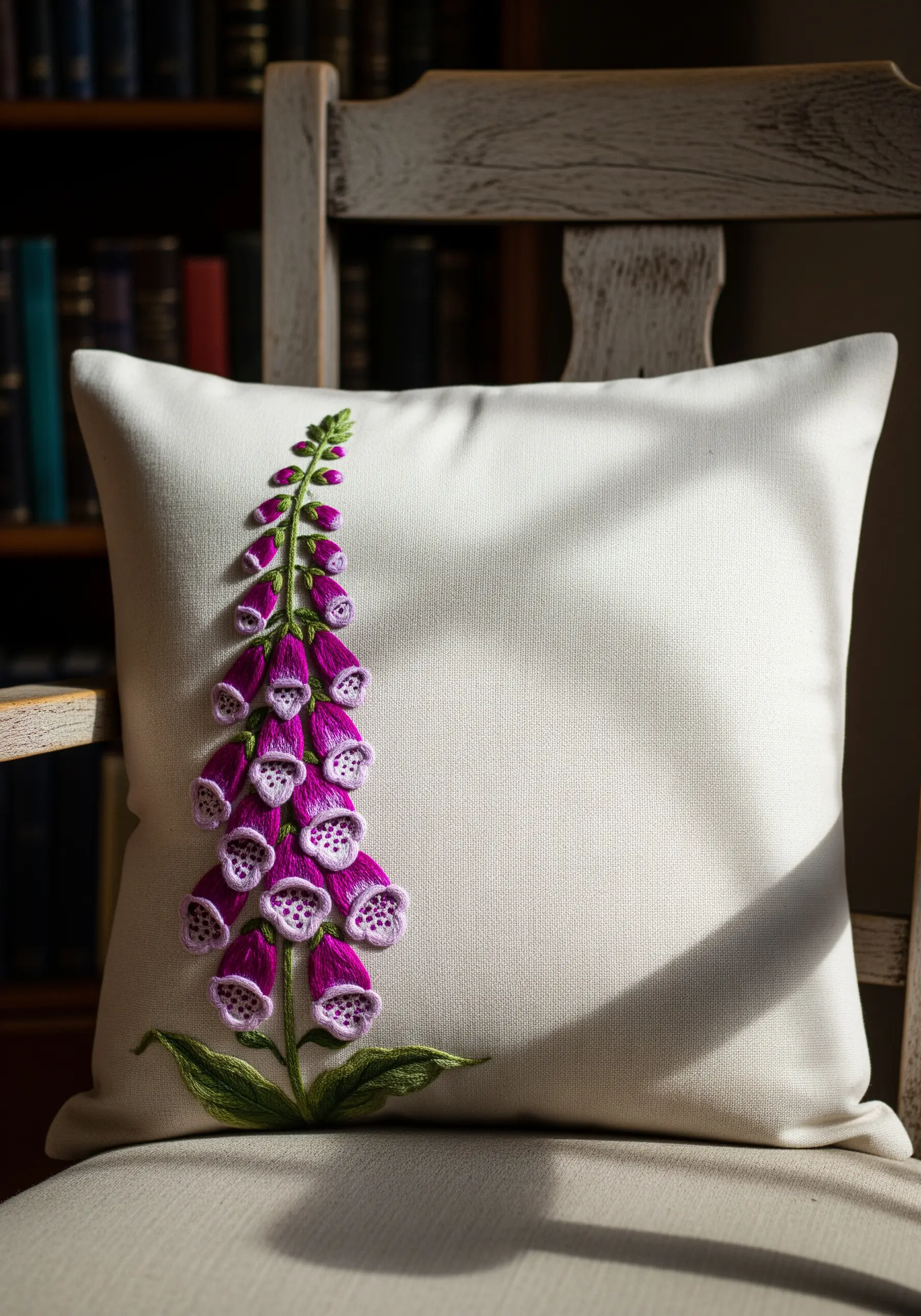 A single stalk of embroidered purple foxglove with dimensional stitches.