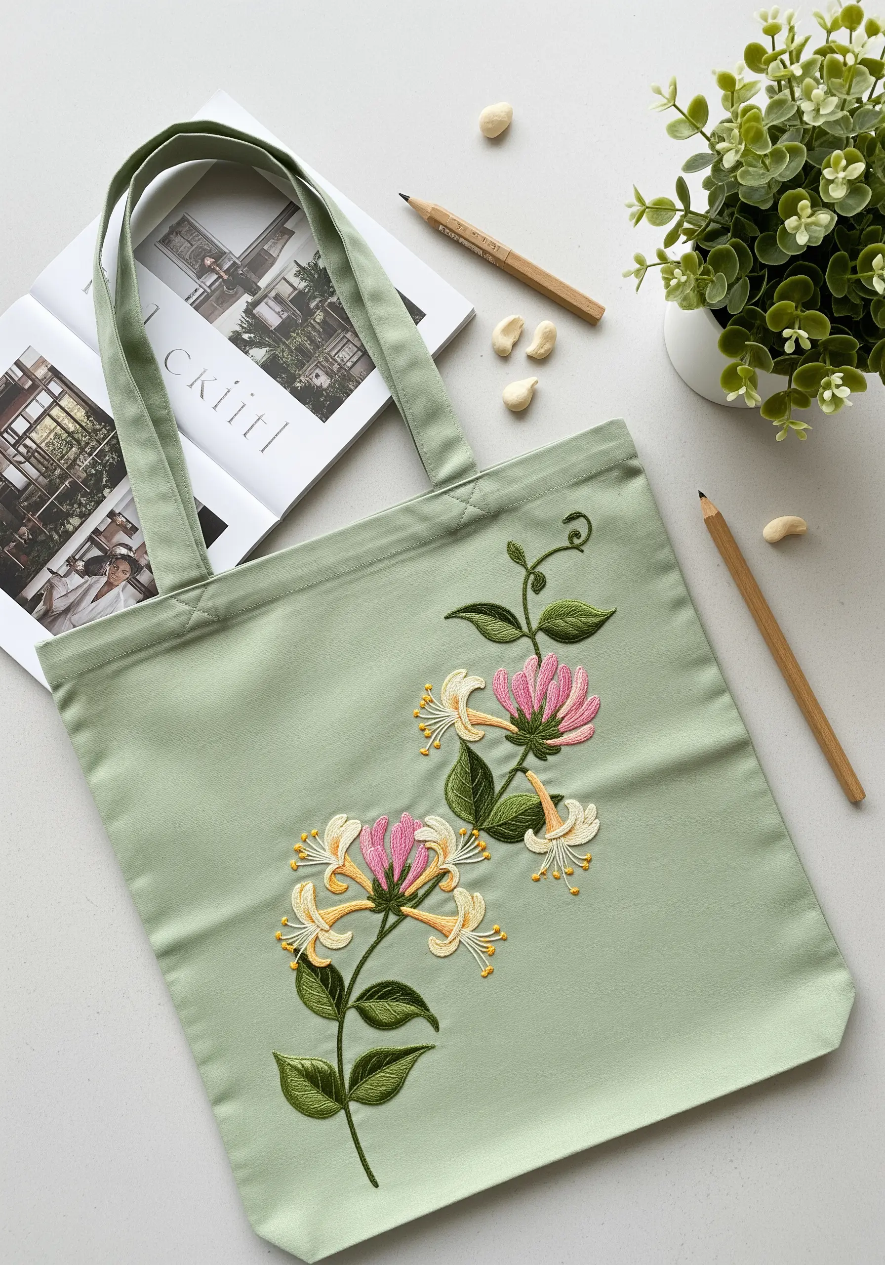 Delicate honeysuckle vine with pink, white, and yellow flowers embroidered on a sage green tote.