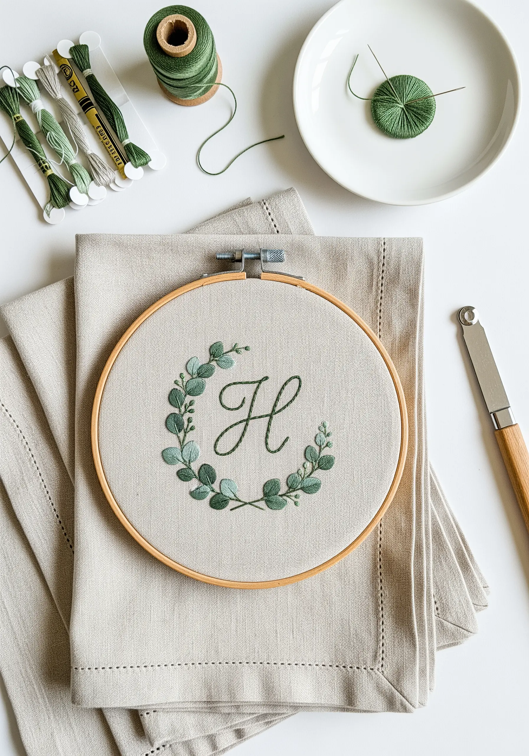 A green embroidered 'H' monogram surrounded by a eucalyptus wreath on a linen napkin.
