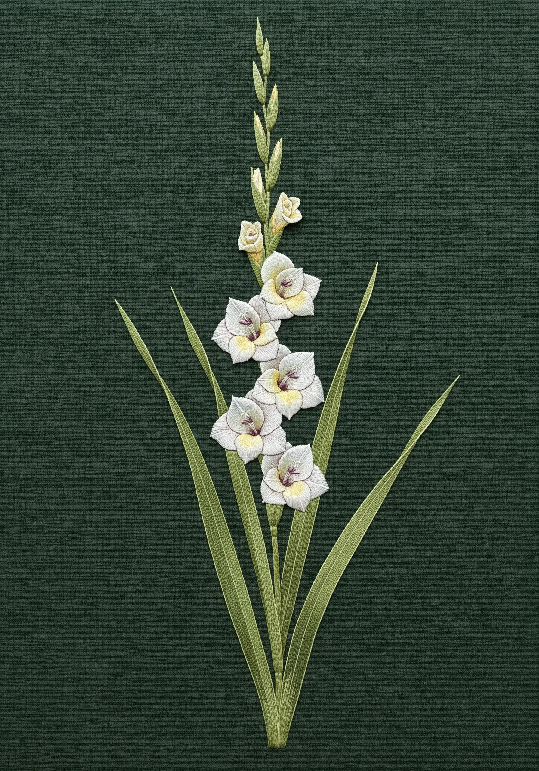 An elegant, minimalist embroidery of a white gladiolus stalk on dark green fabric.