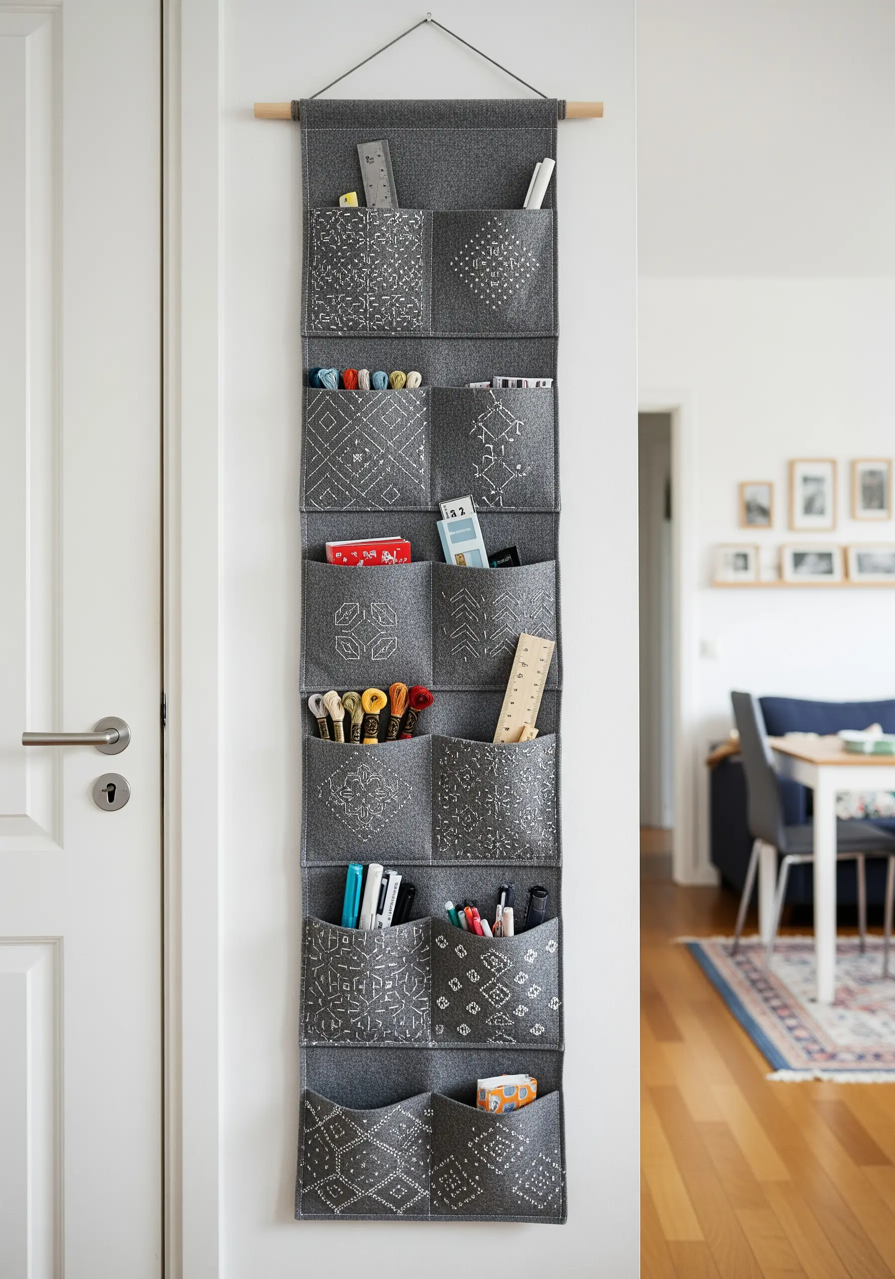 A gray fabric over-the-door organizer with sashiko-style embroidered patterns on the pockets.