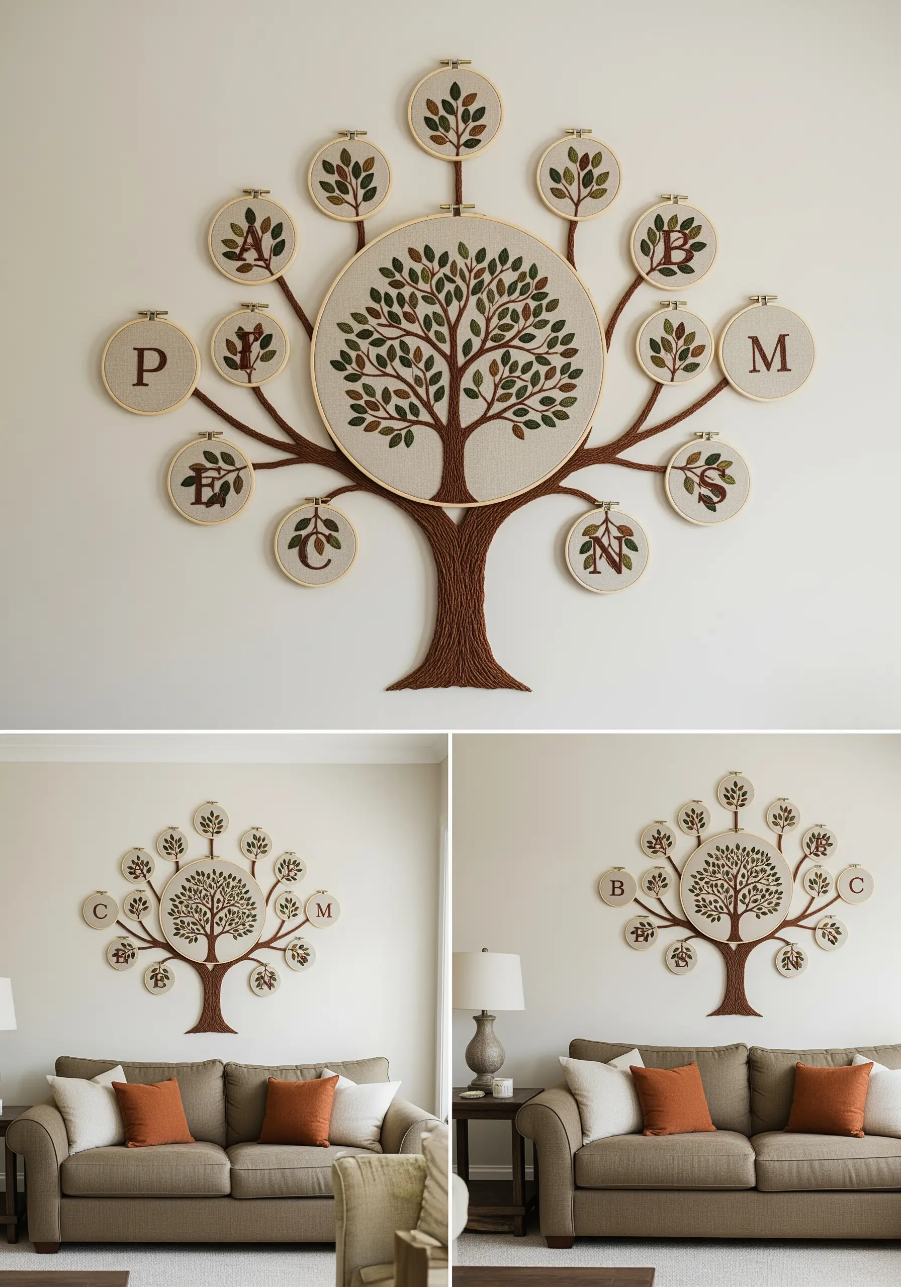 A large family tree wall installation with a central tree hoop and smaller initialed hoops as leaves.