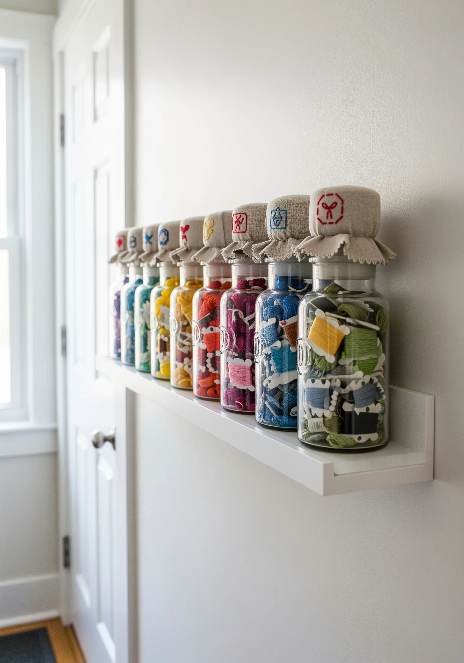 Glass jars filled with embroidery floss, topped with color-coded embroidered fabric lids.