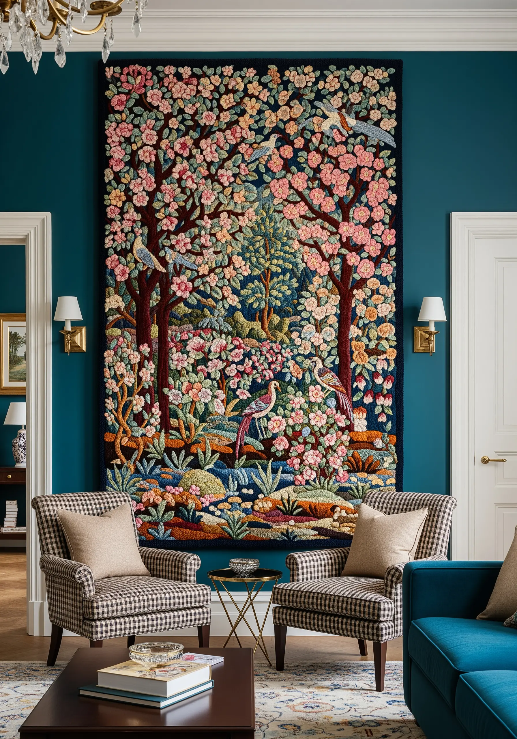 A massive, dense floral tapestry with trees, birds, and flowers in a luxurious room.