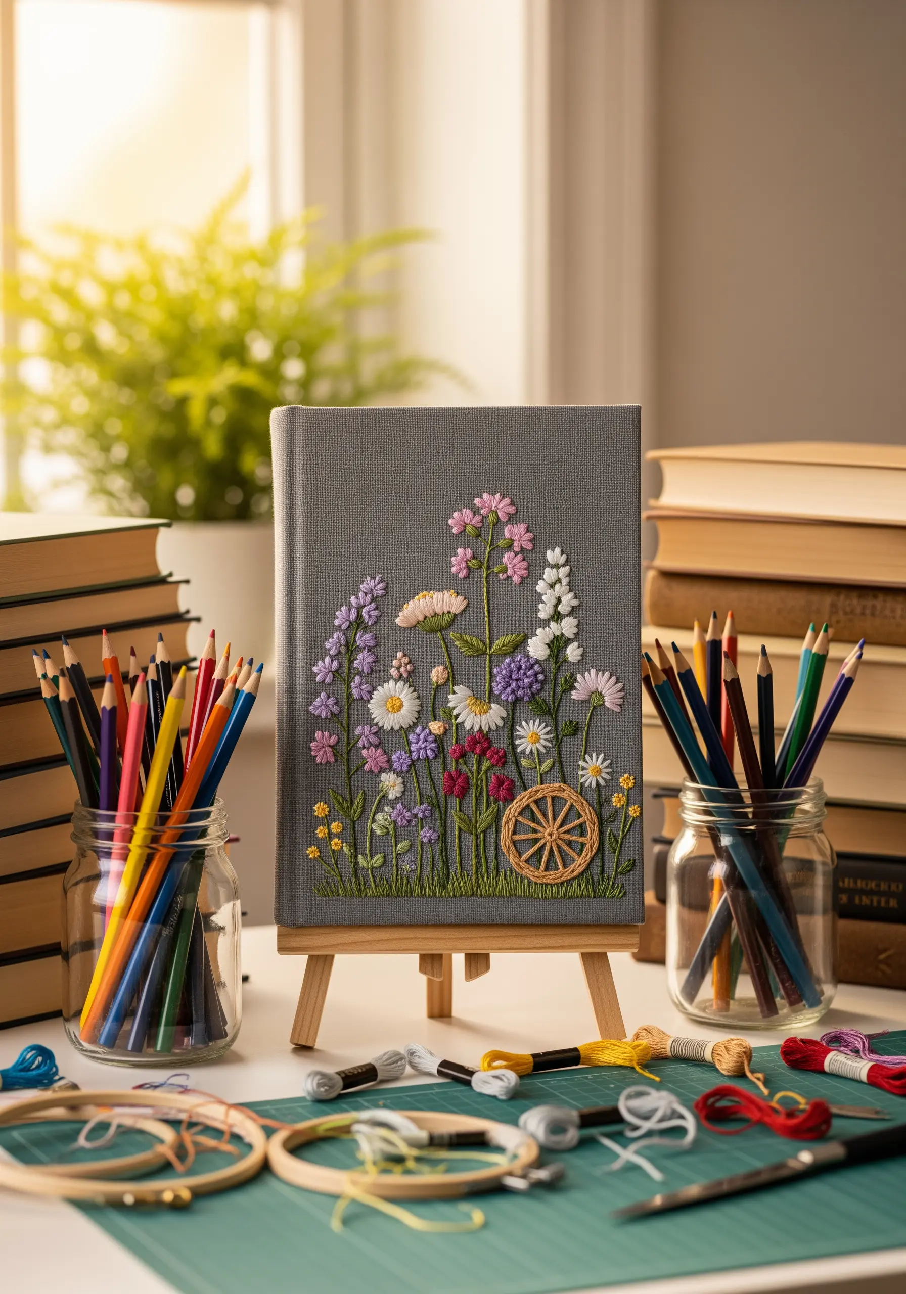 A gray journal with an embroidered cover featuring a colorful wildflower meadow.