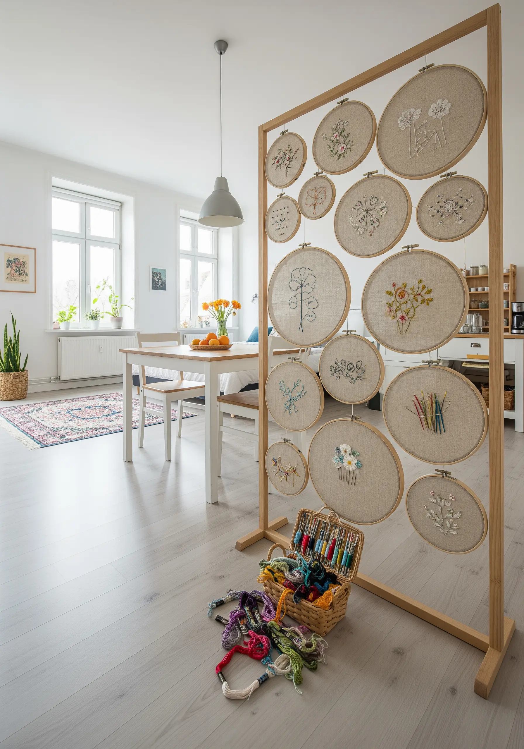 A collection of embroidery hoops on a wooden frame, showcasing various floral motifs and stitches.