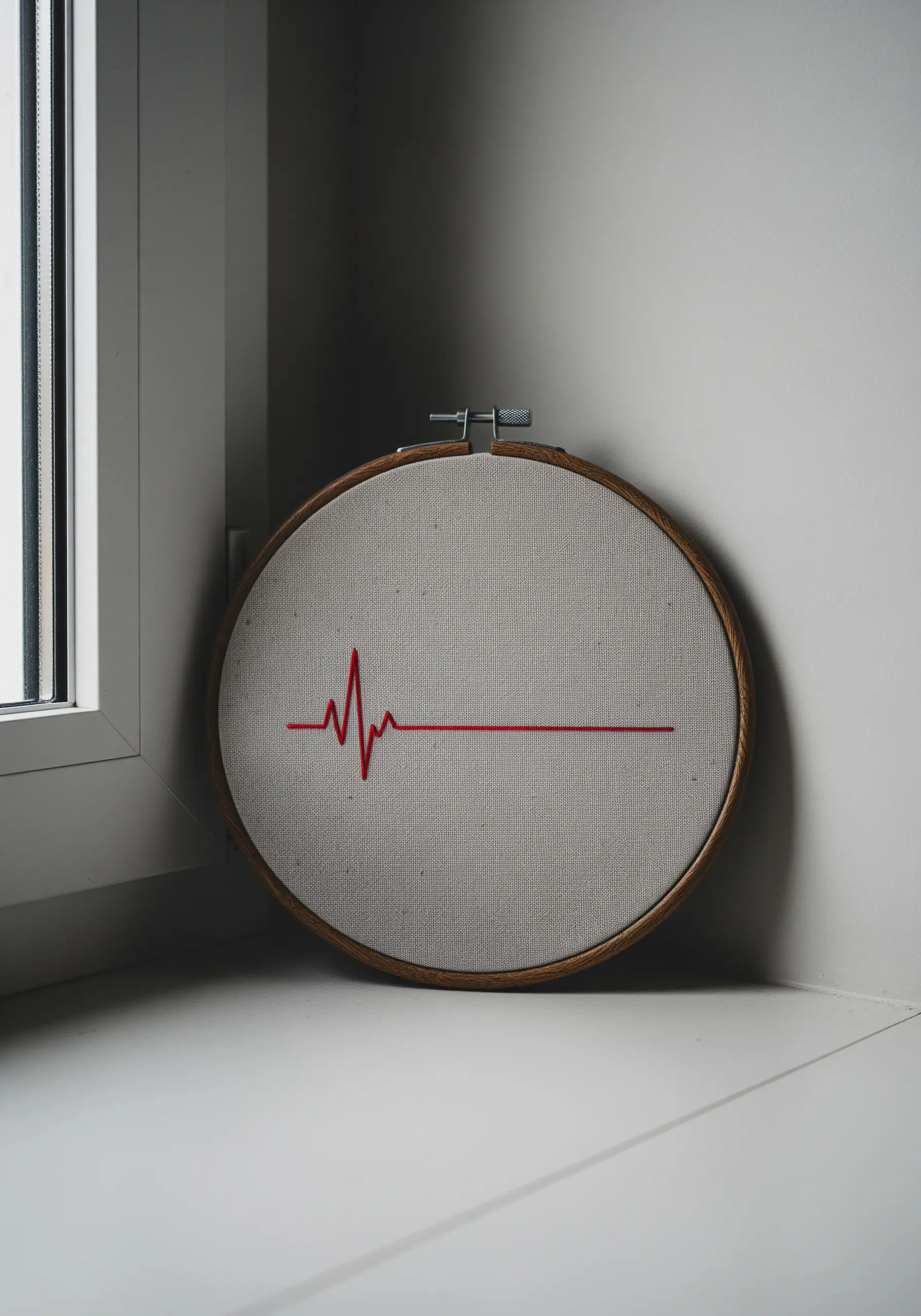 An embroidery hoop showing a minimalist red heartbeat line on neutral linen fabric.