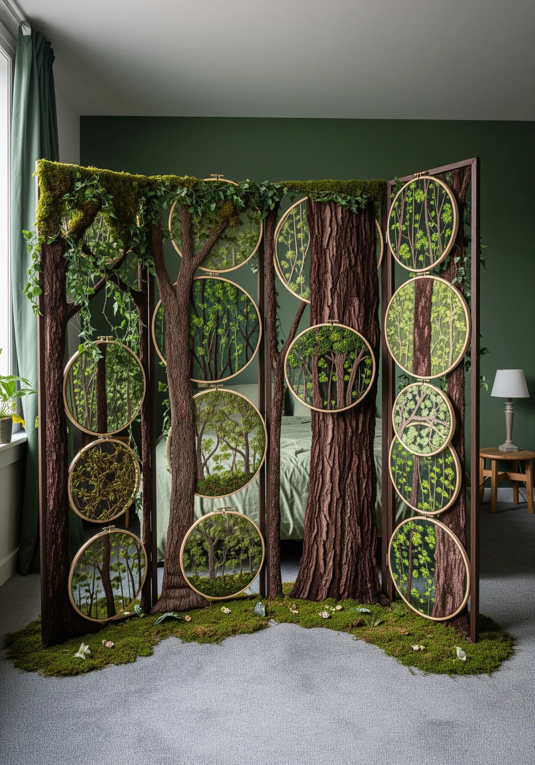 A screen divider decorated as a forest with embroidered trees, moss, and bark.