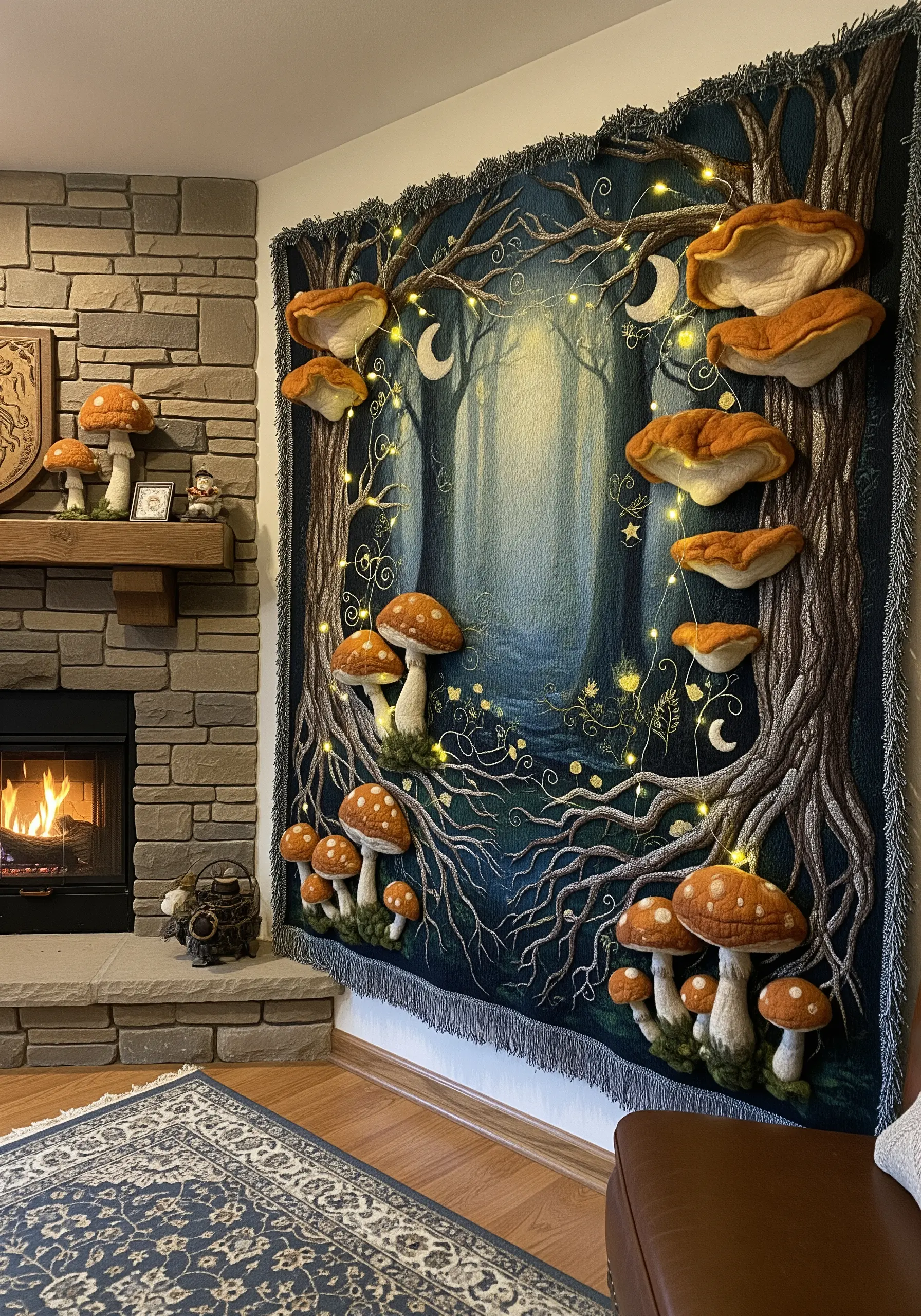 A forest tapestry embellished with 3D felted mushrooms and stitched fairy lights.