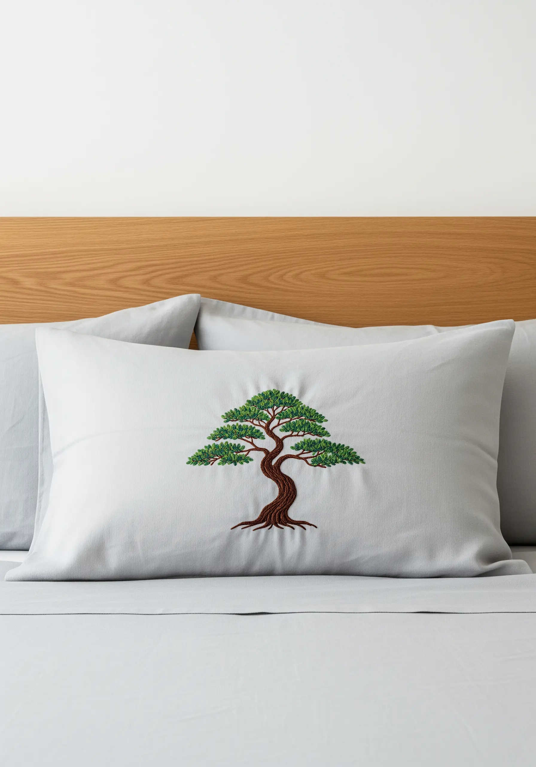 An embroidered bonsai tree with a textured trunk and dense green foliage on a pillowcase.