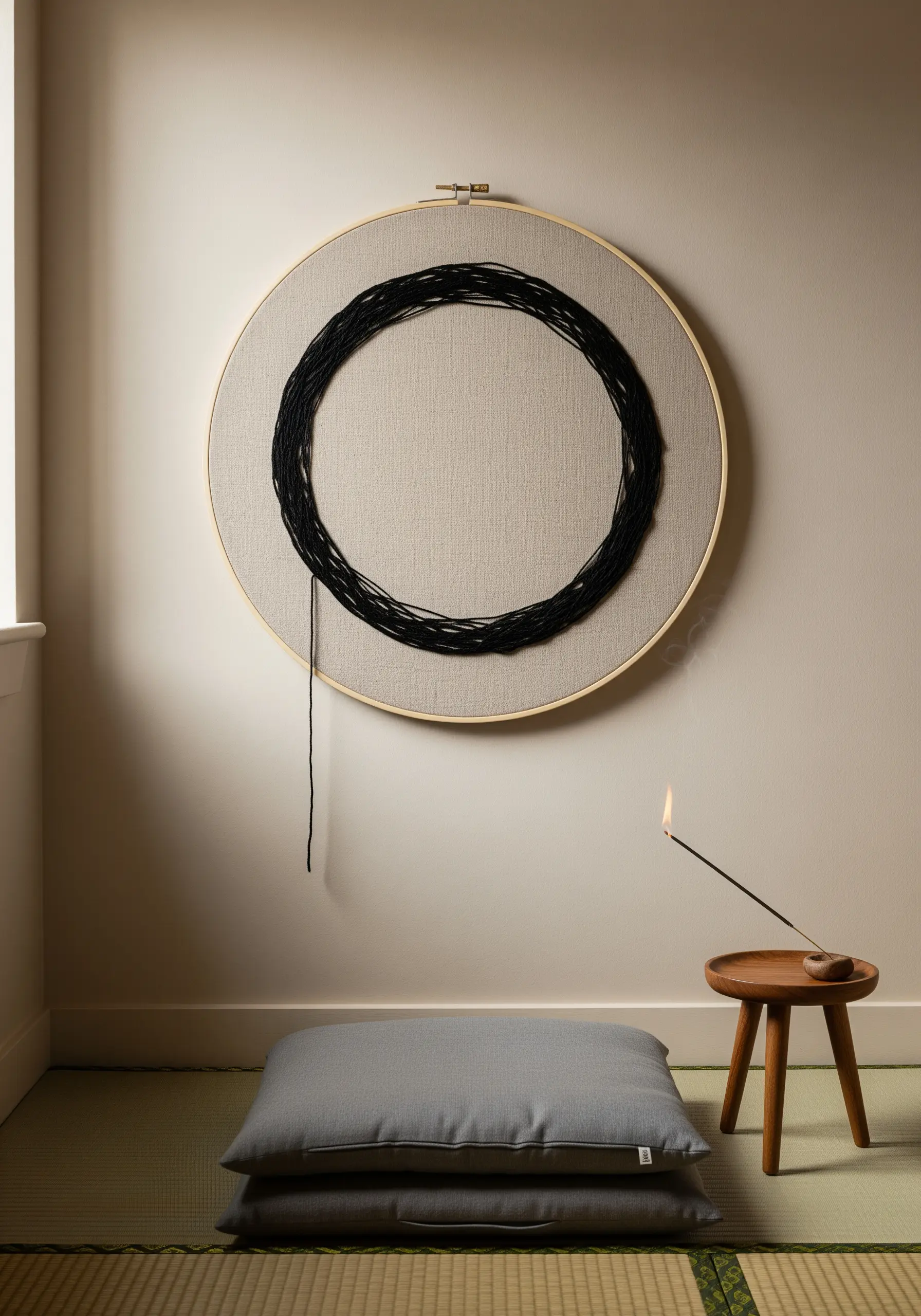 A large embroidery hoop with a sculptural circle of black yarn couched onto neutral fabric.