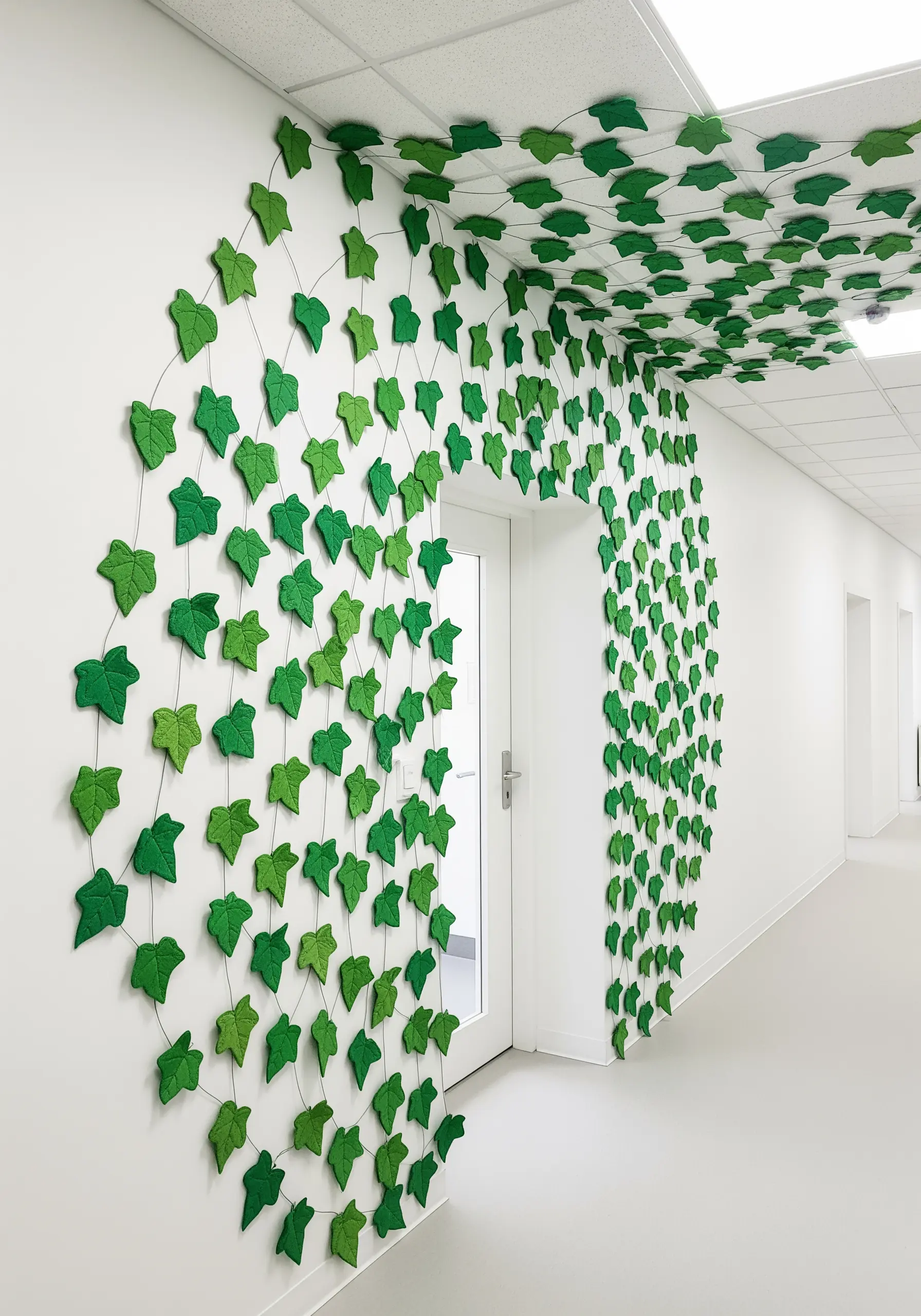A wall installation of green felt ivy leaves strung on wires to create a climbing effect.