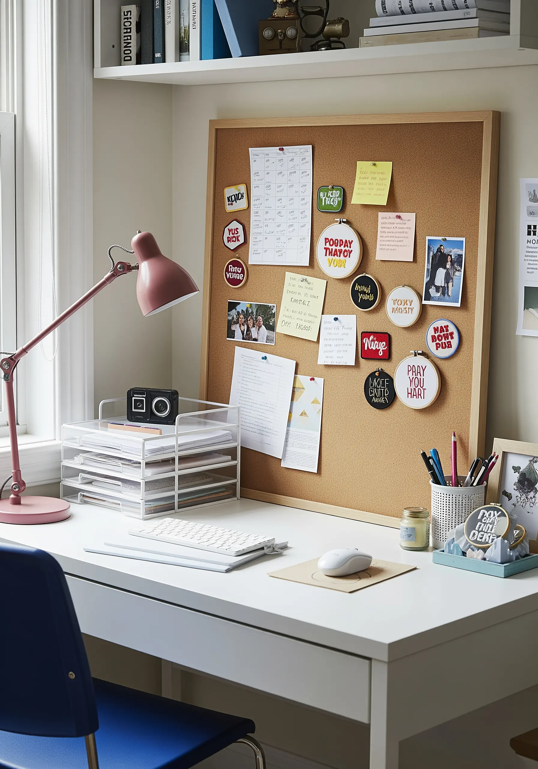 Several small embroidery hoops with quotes pinned to a large corkboard over a desk.