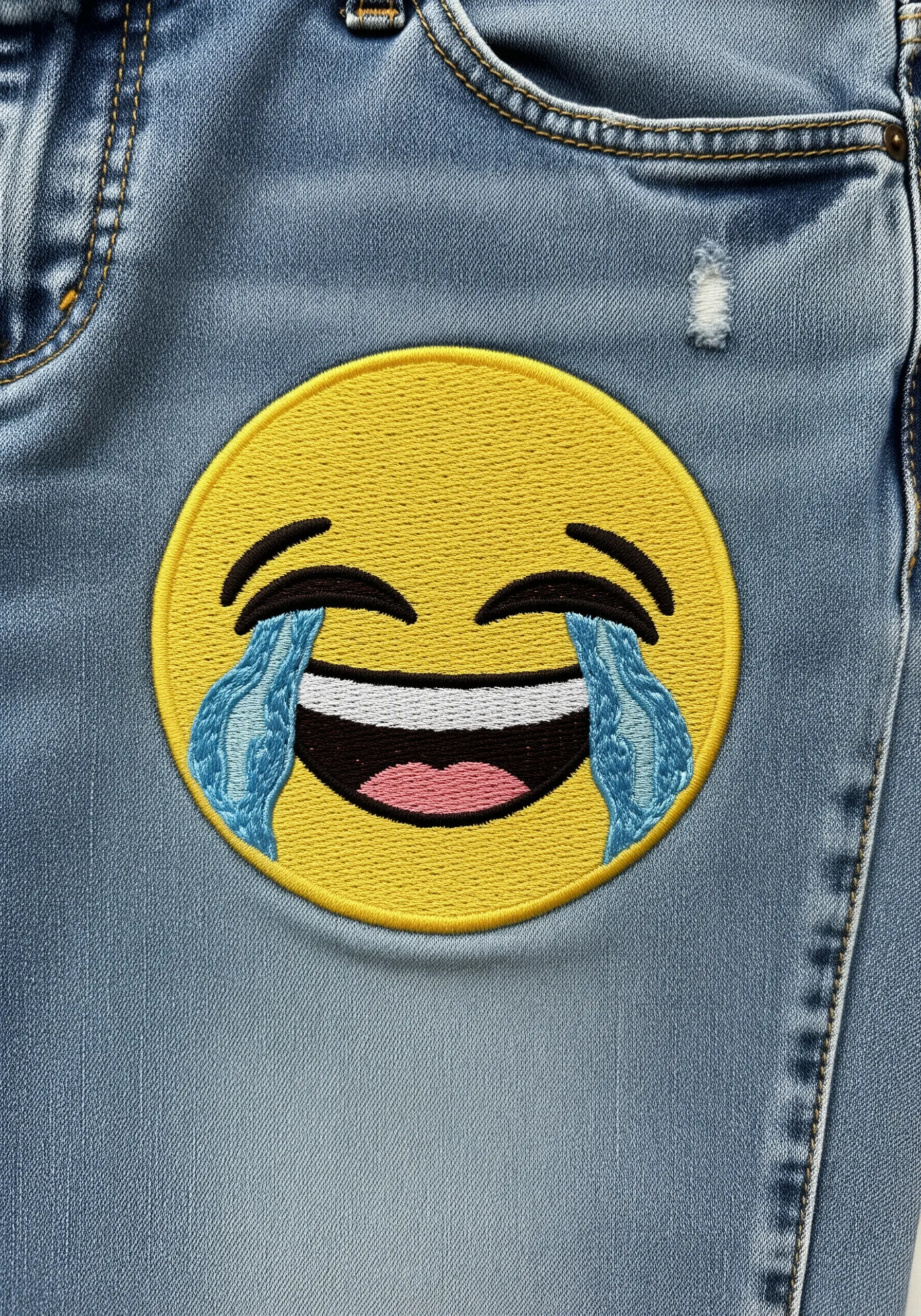 A large laughing-crying emoji patch with detailed, blended blue tears on light denim.