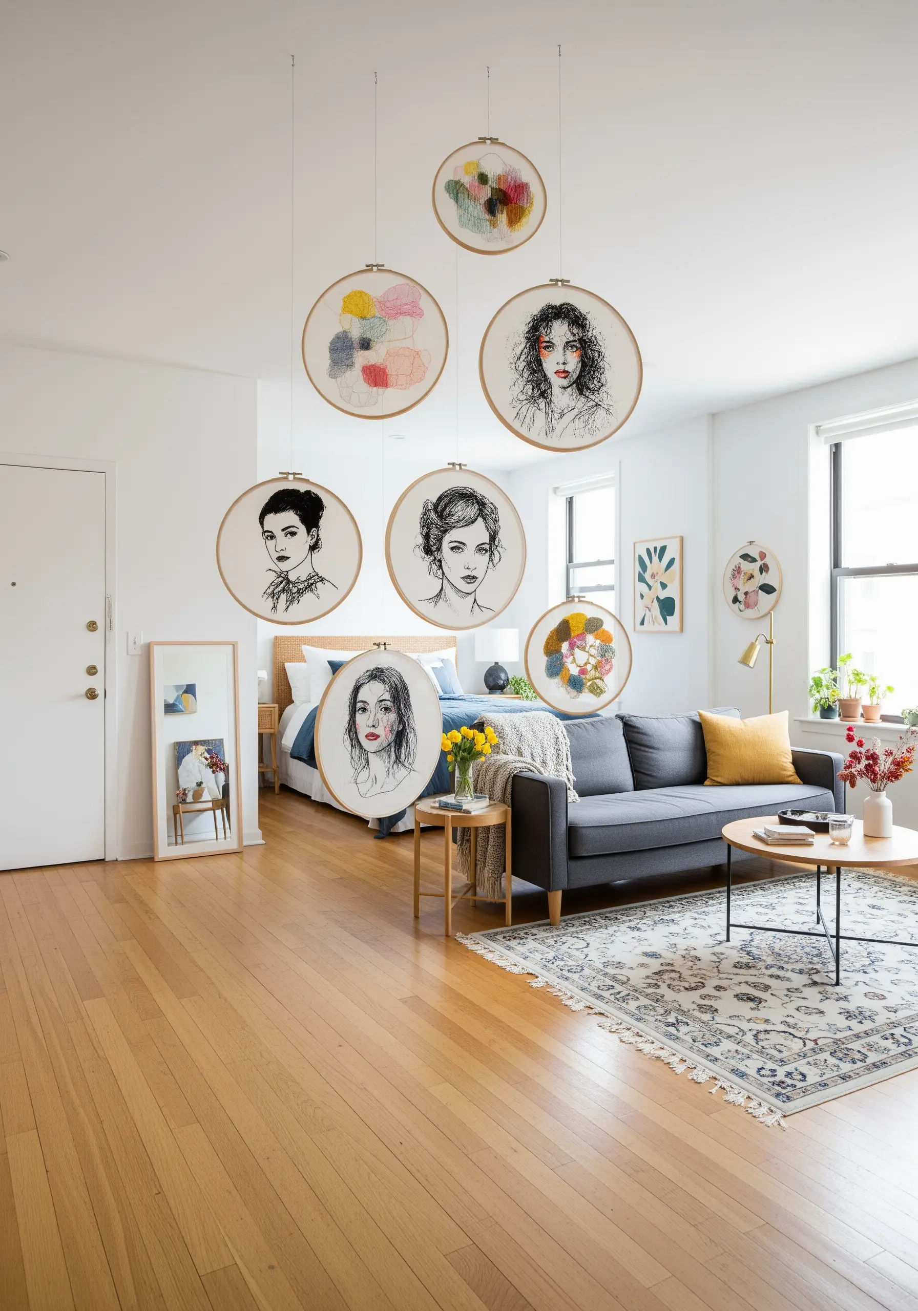 A floating gallery of embroidered portraits and abstract colorful punch needle art.