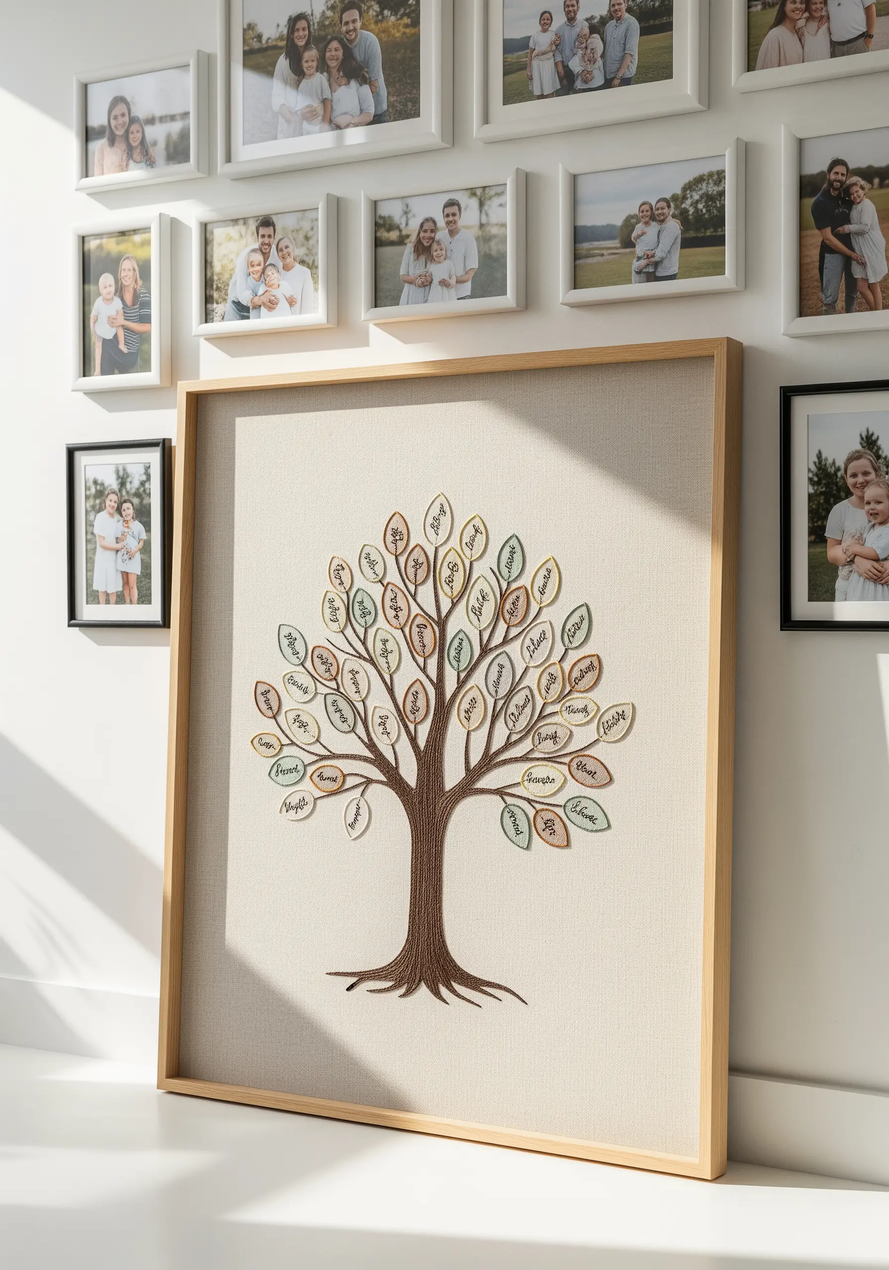 A large, framed embroidery of a family tree with names stitched into each leaf.