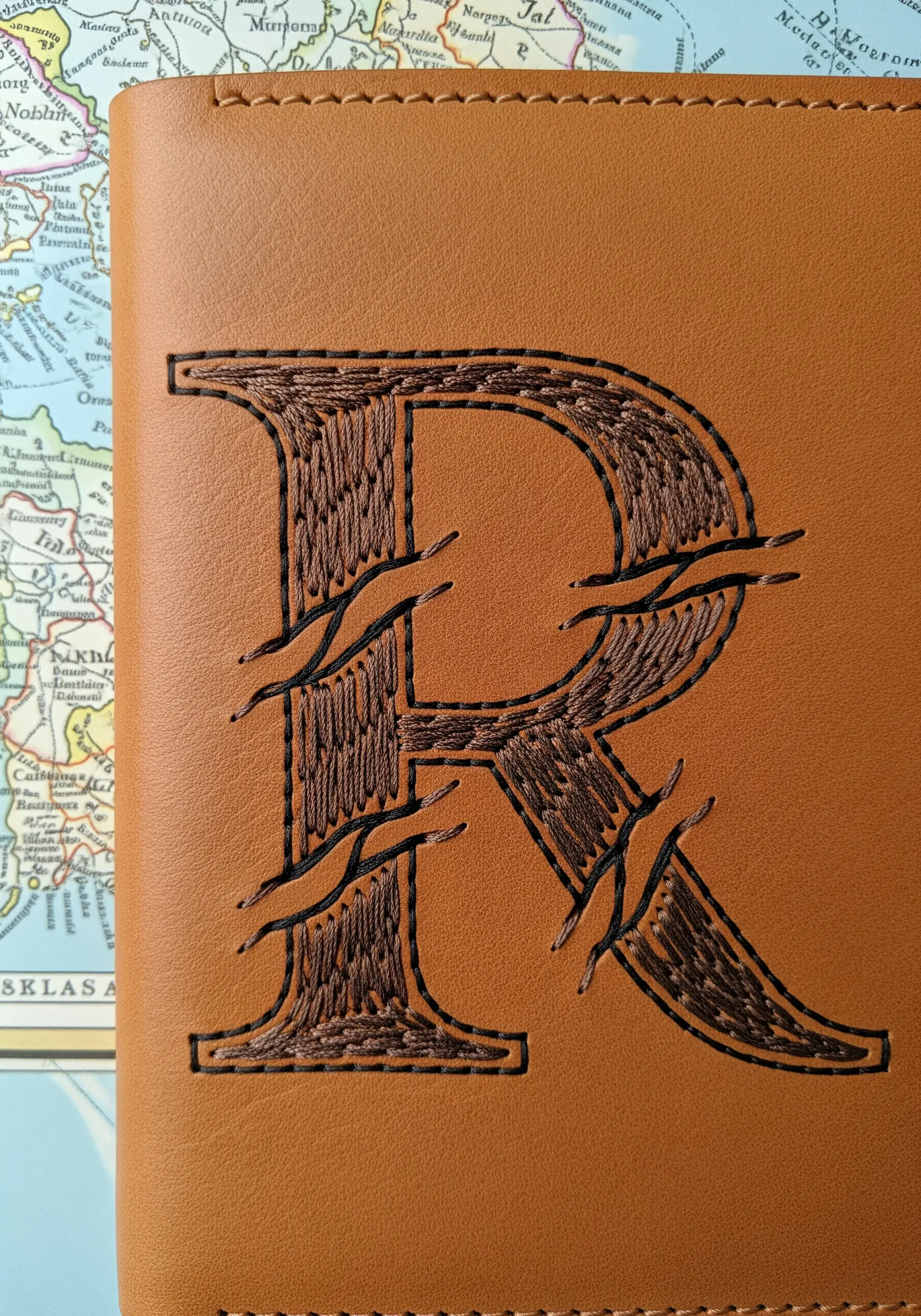 Woodgrain-textured 'R' monogram embroidered on a leather passport cover.