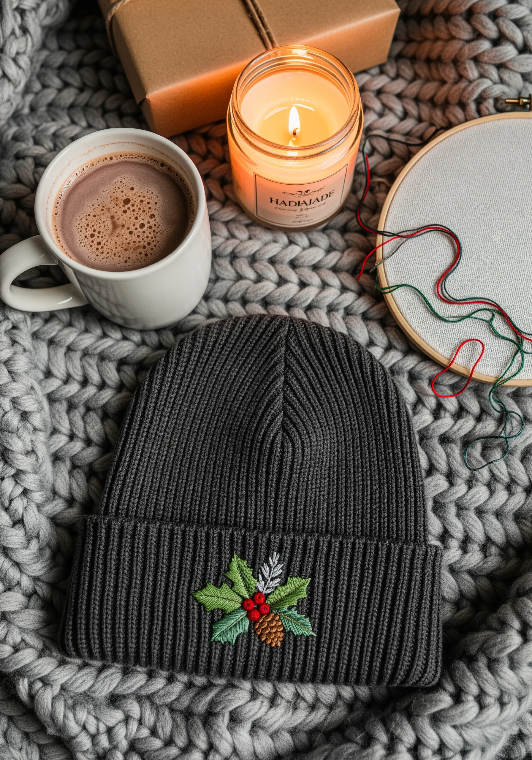 A gray ribbed beanie with a small, hand-embroidered holly motif on the cuff.