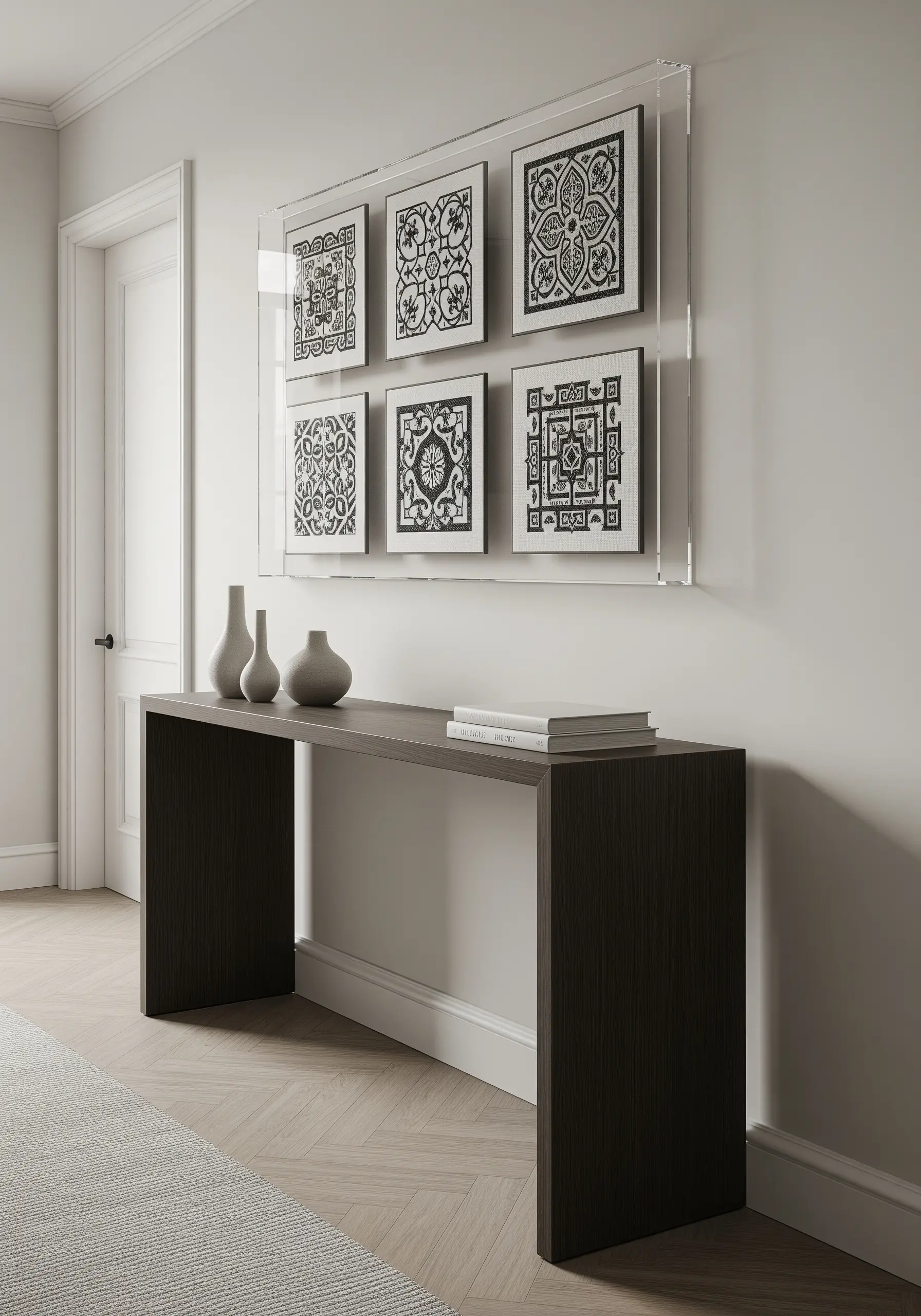 Six monochrome black-and-white embroidery pieces mounted inside a large acrylic frame.