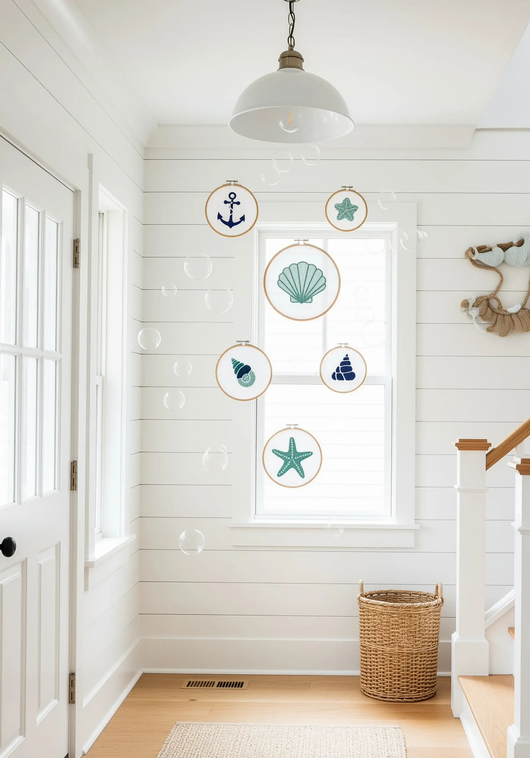 Five embroidery hoops with simple blue and green coastal motifs hanging in a bright hallway.