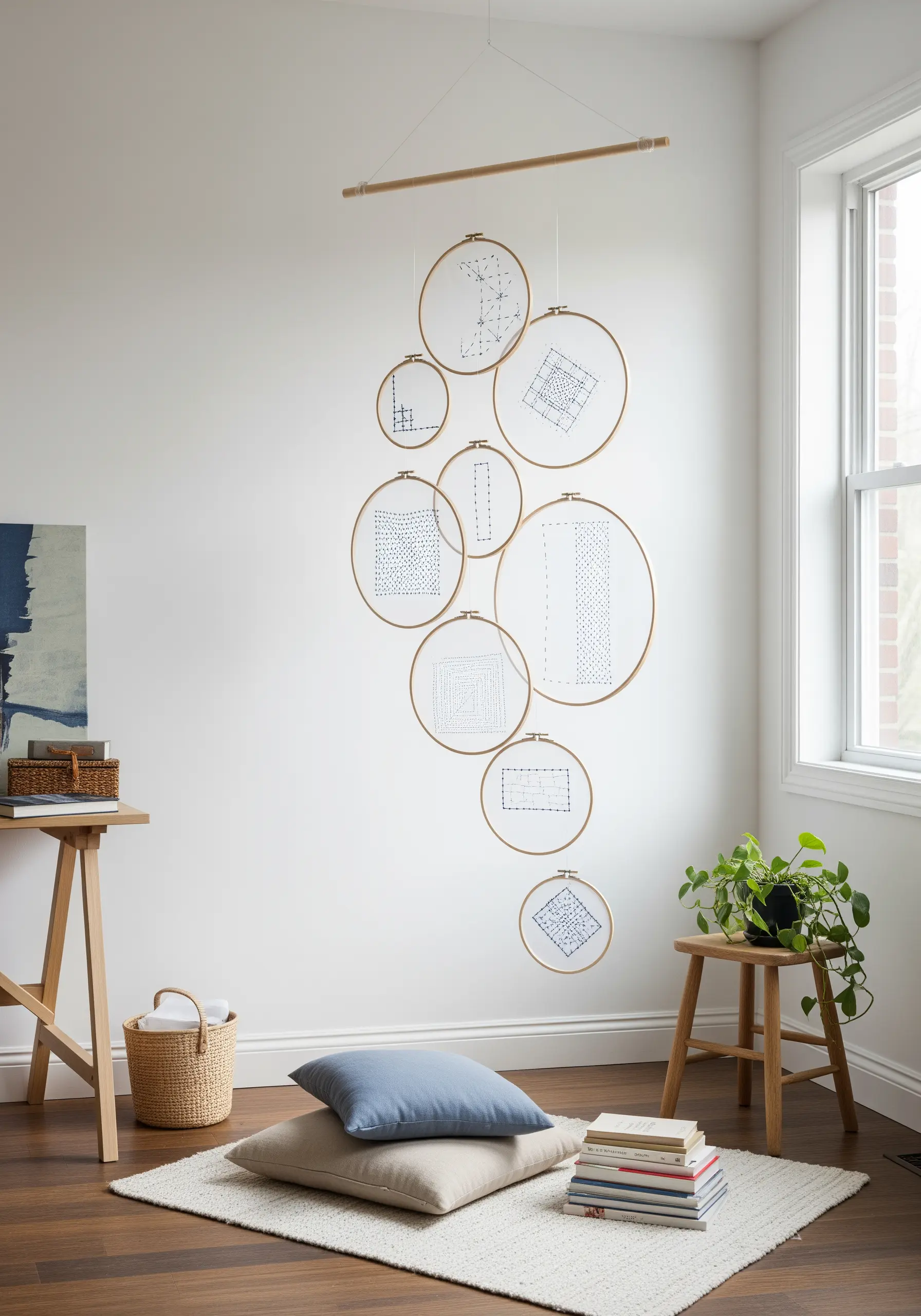 Delicate geometric patterns stitched in blue thread on sheer fabric in bamboo hoops.