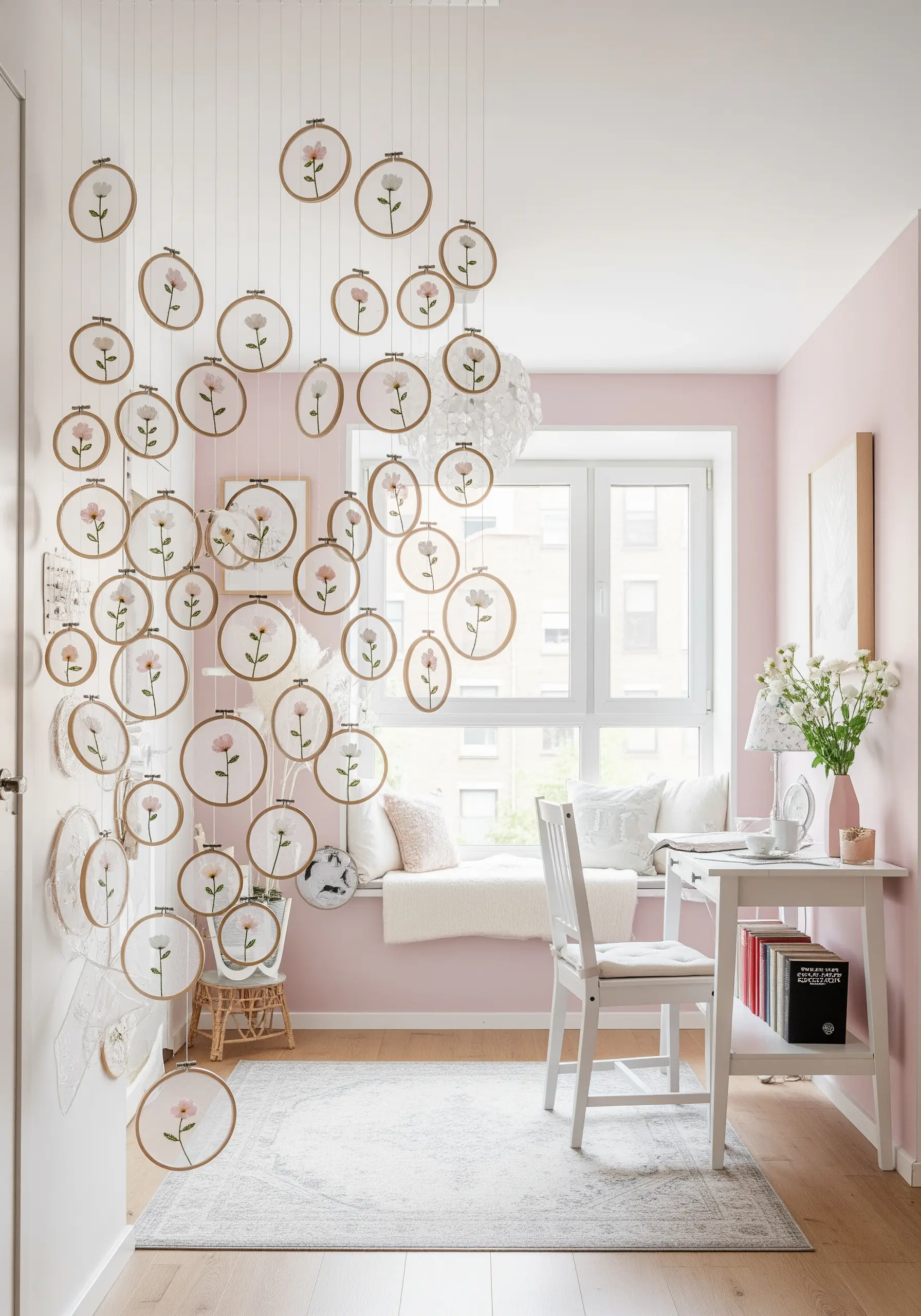 Numerous small hoops with single embroidered flowers floating in a pink room.