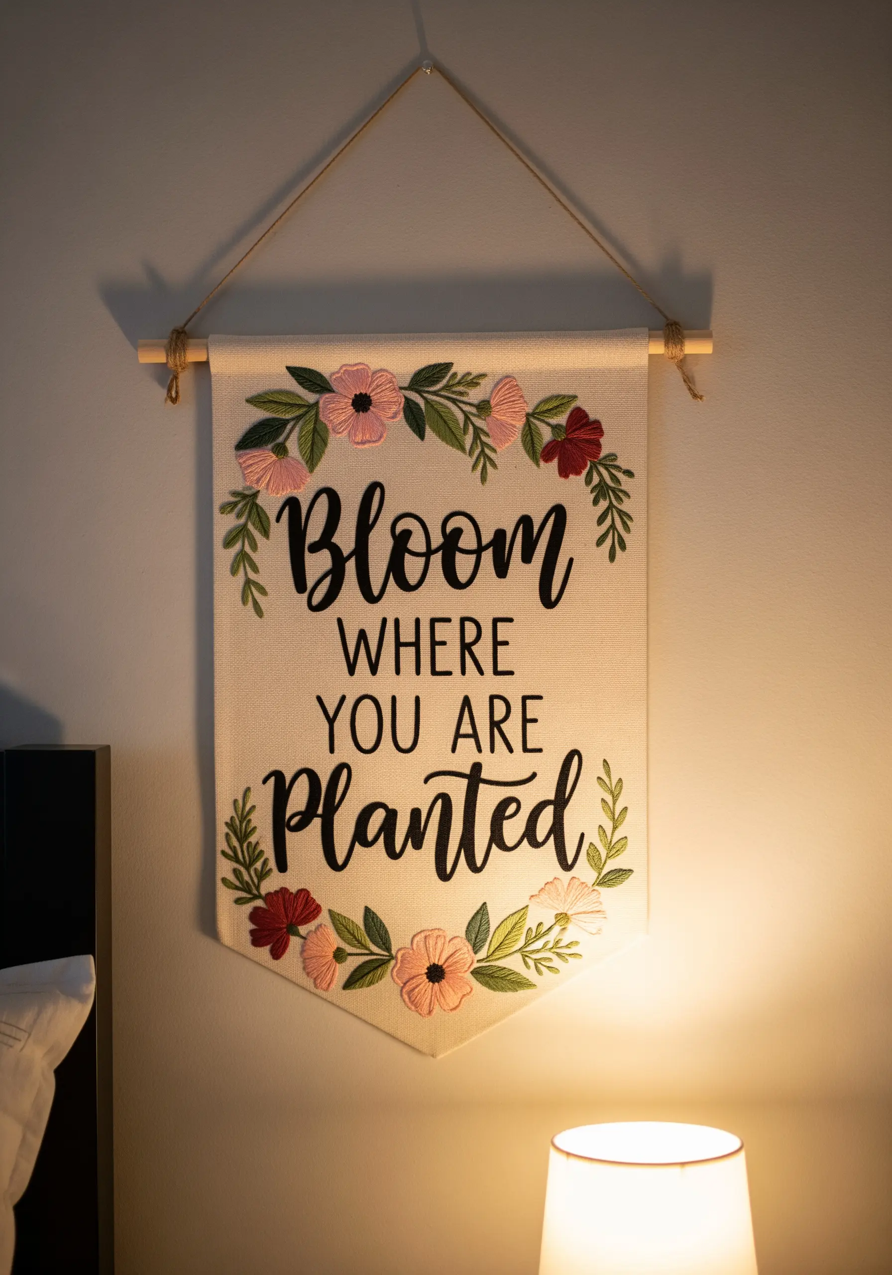 A canvas wall banner with the embroidered quote 'Bloom where you are planted' and floral details.