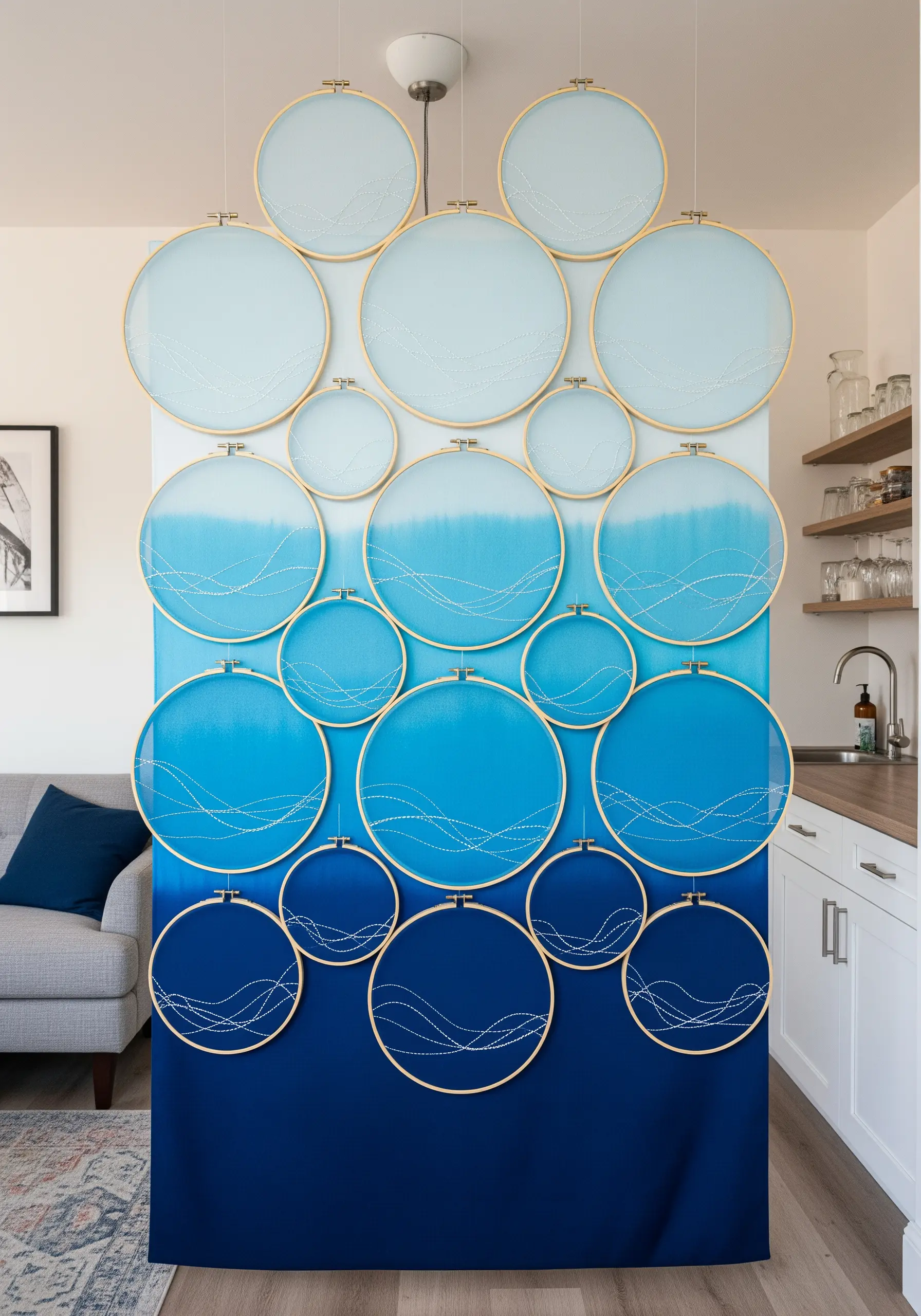 Minimalist white wave embroidery on fabric dip-dyed in a blue ombre gradient.