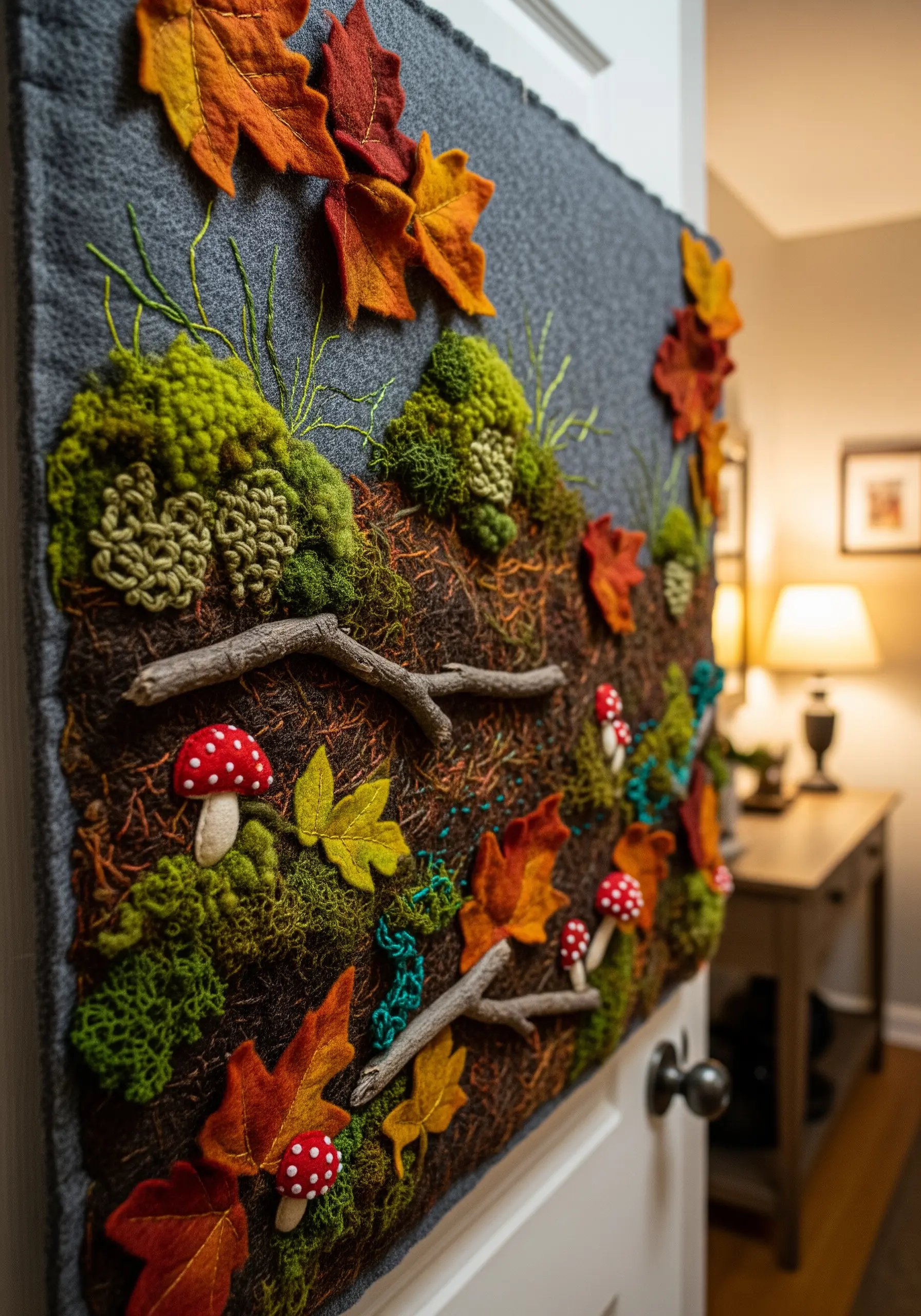 3D mixed-media textile art depicting a forest floor with moss, leaves, and mushrooms.