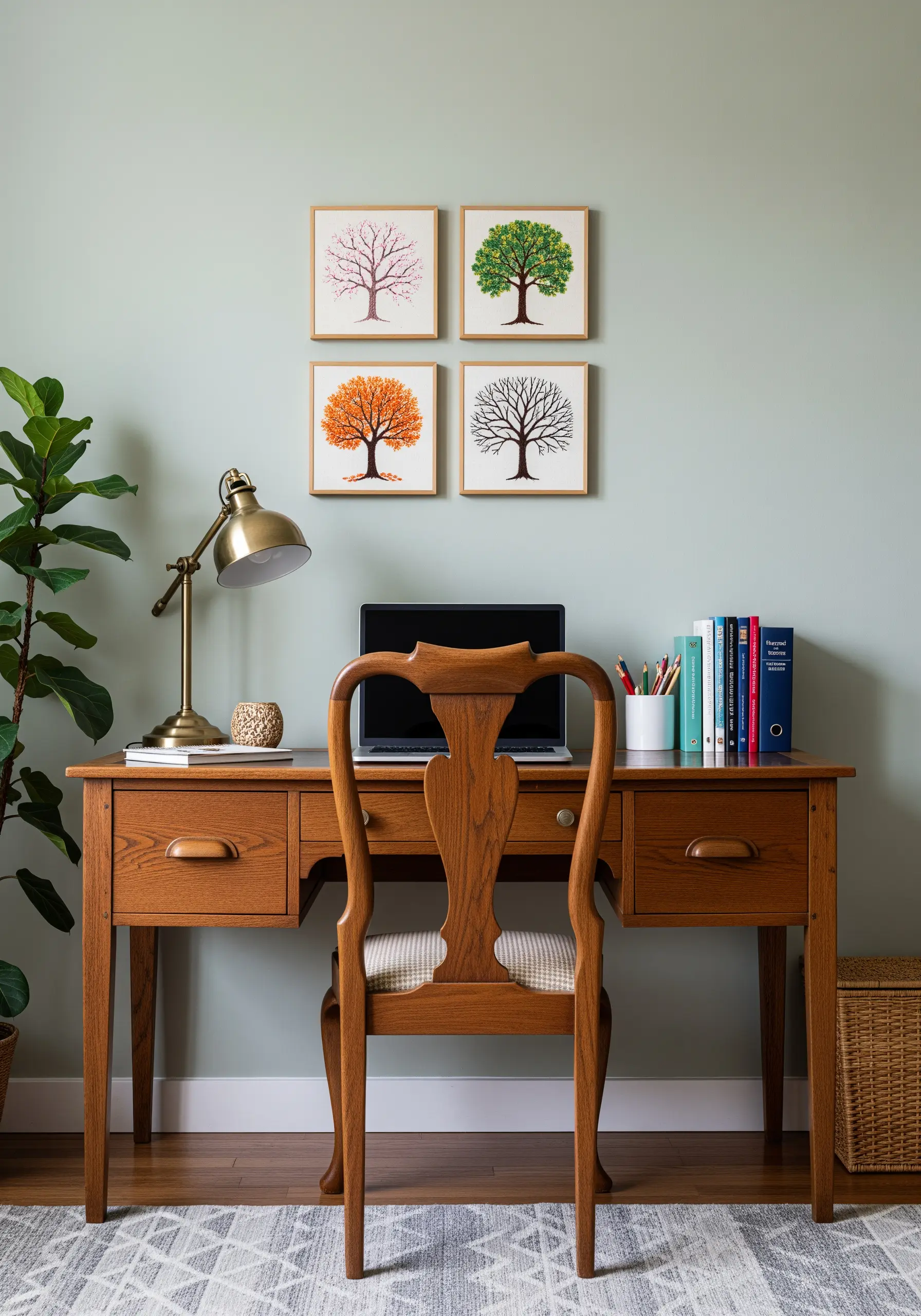 Four framed embroidery pieces depicting the same tree in spring, summer, autumn, and winter.