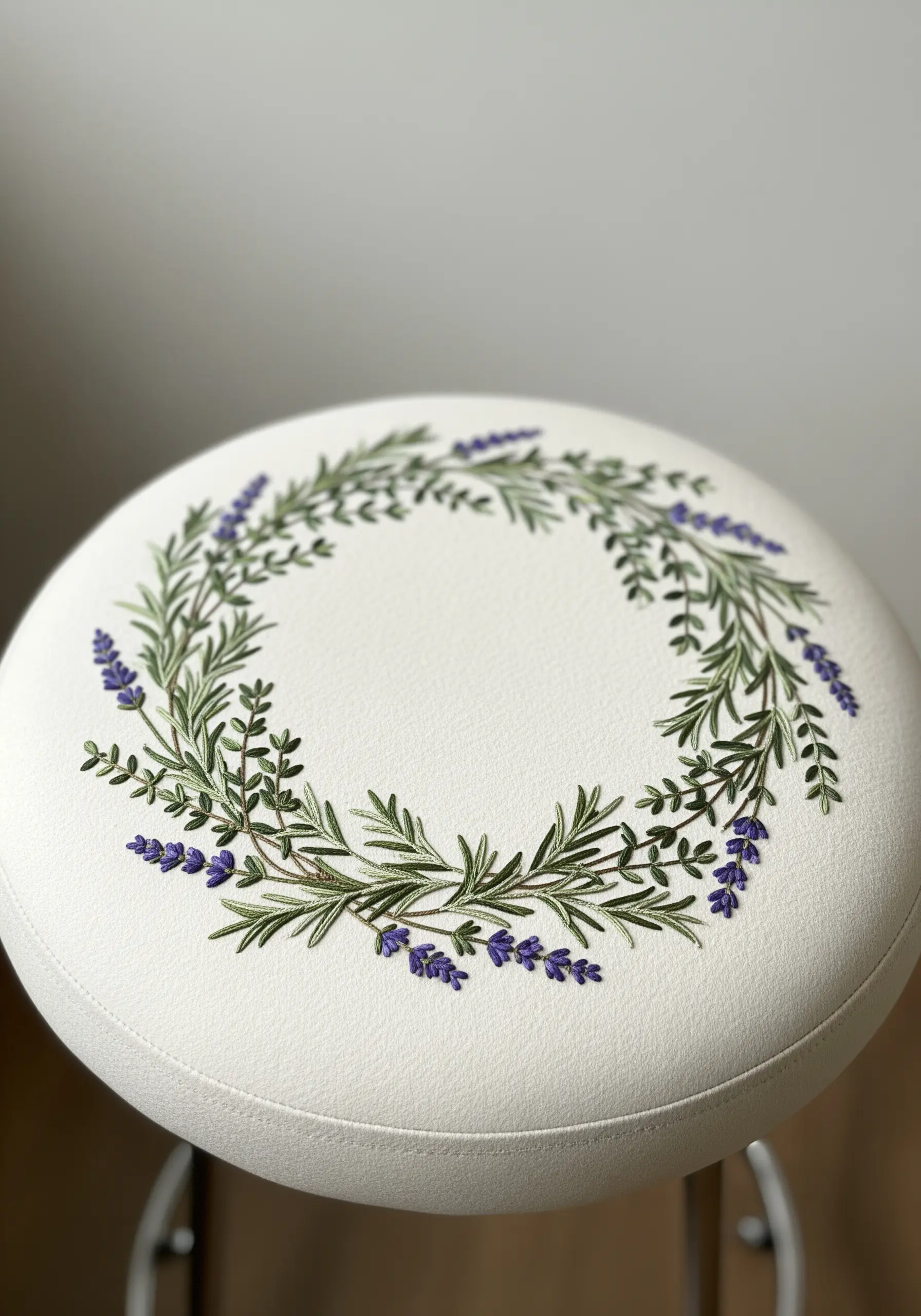An embroidered wreath of rosemary and lavender on a white circular cushion.
