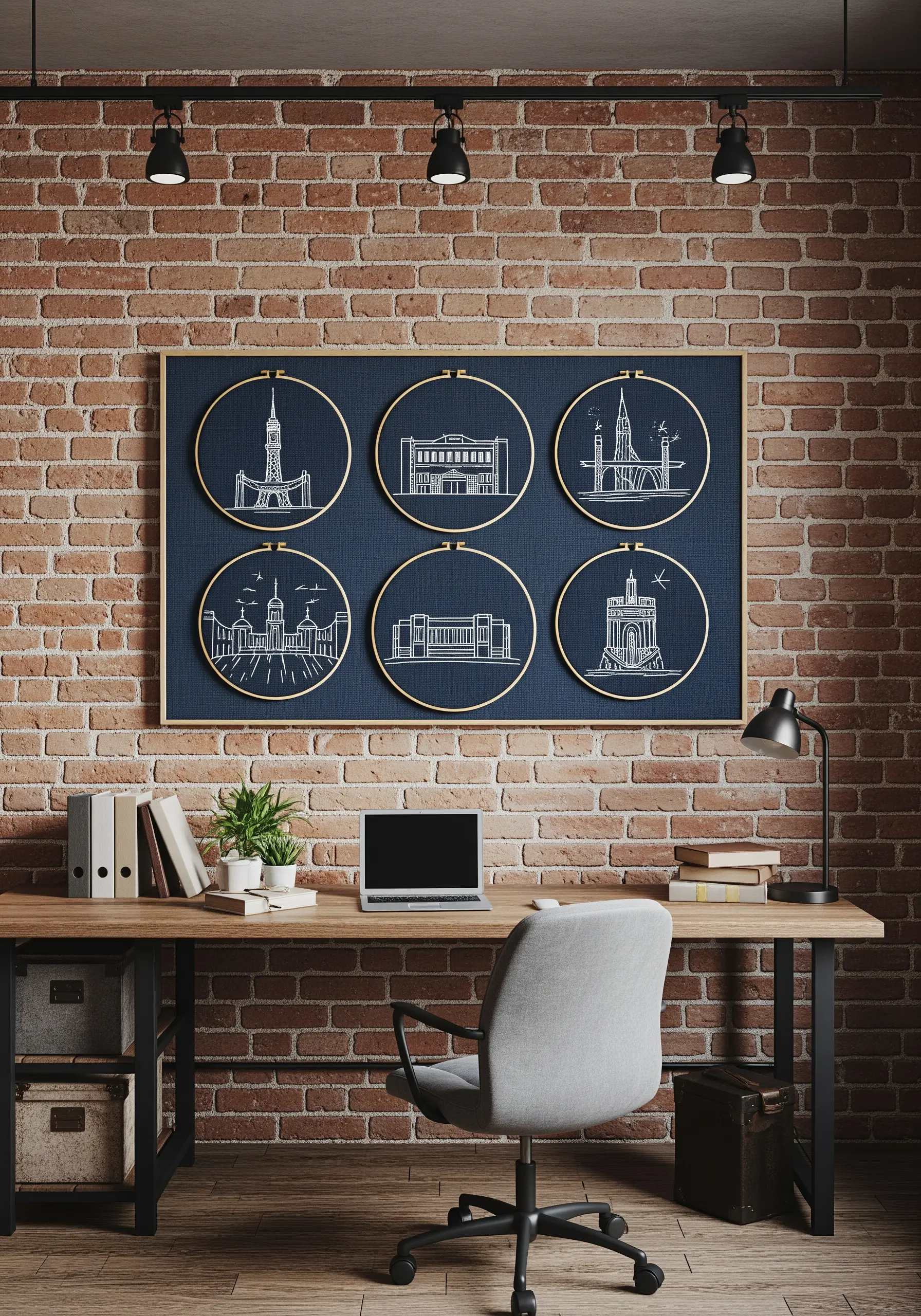 Six embroidery hoops with white-thread architectural sketches mounted on a framed blue board.