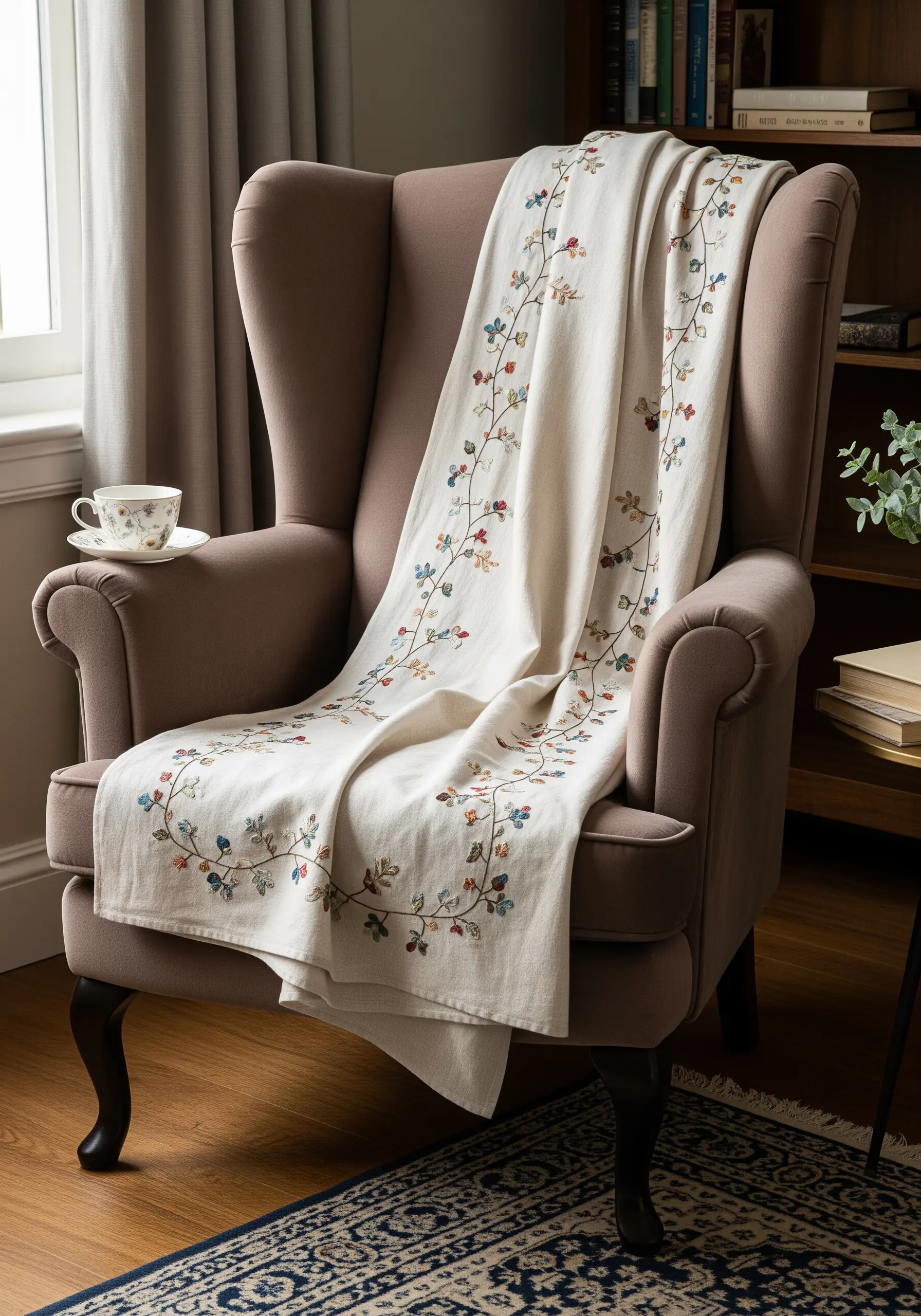 A cream-colored throw blanket with a delicate embroidered floral vine draped over a chair.