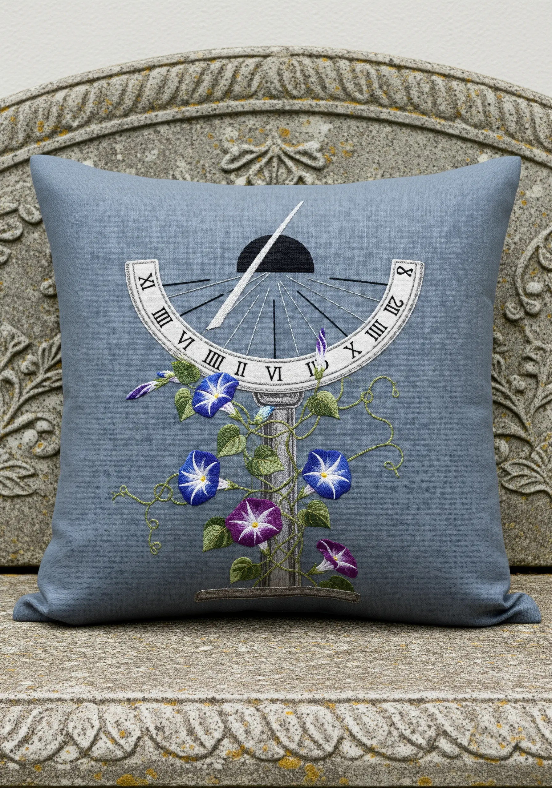 An embroidered stone sundial with blue and purple morning glories climbing it.