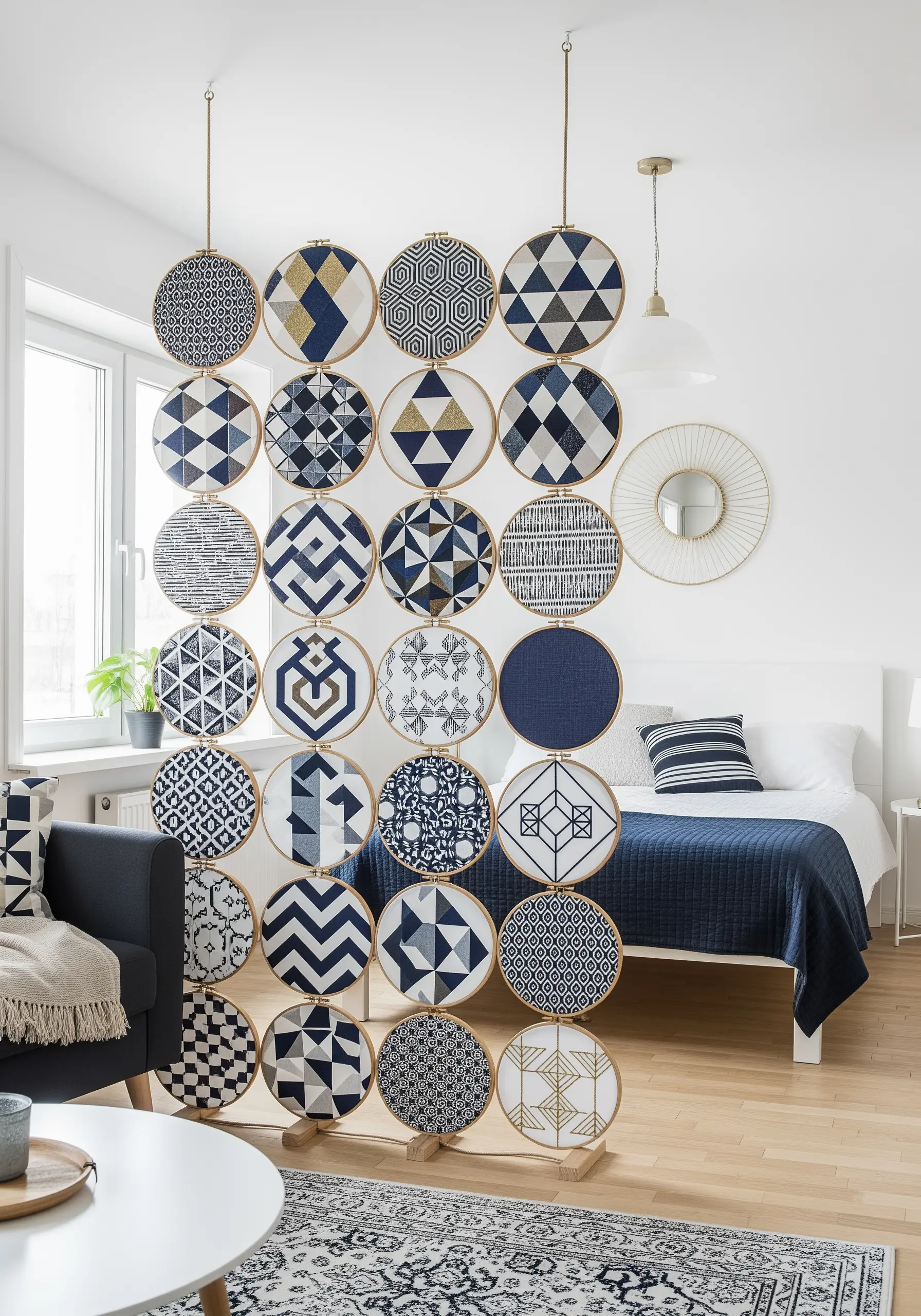 A grid of embroidery hoops, each filled with a different modern geometric pattern.